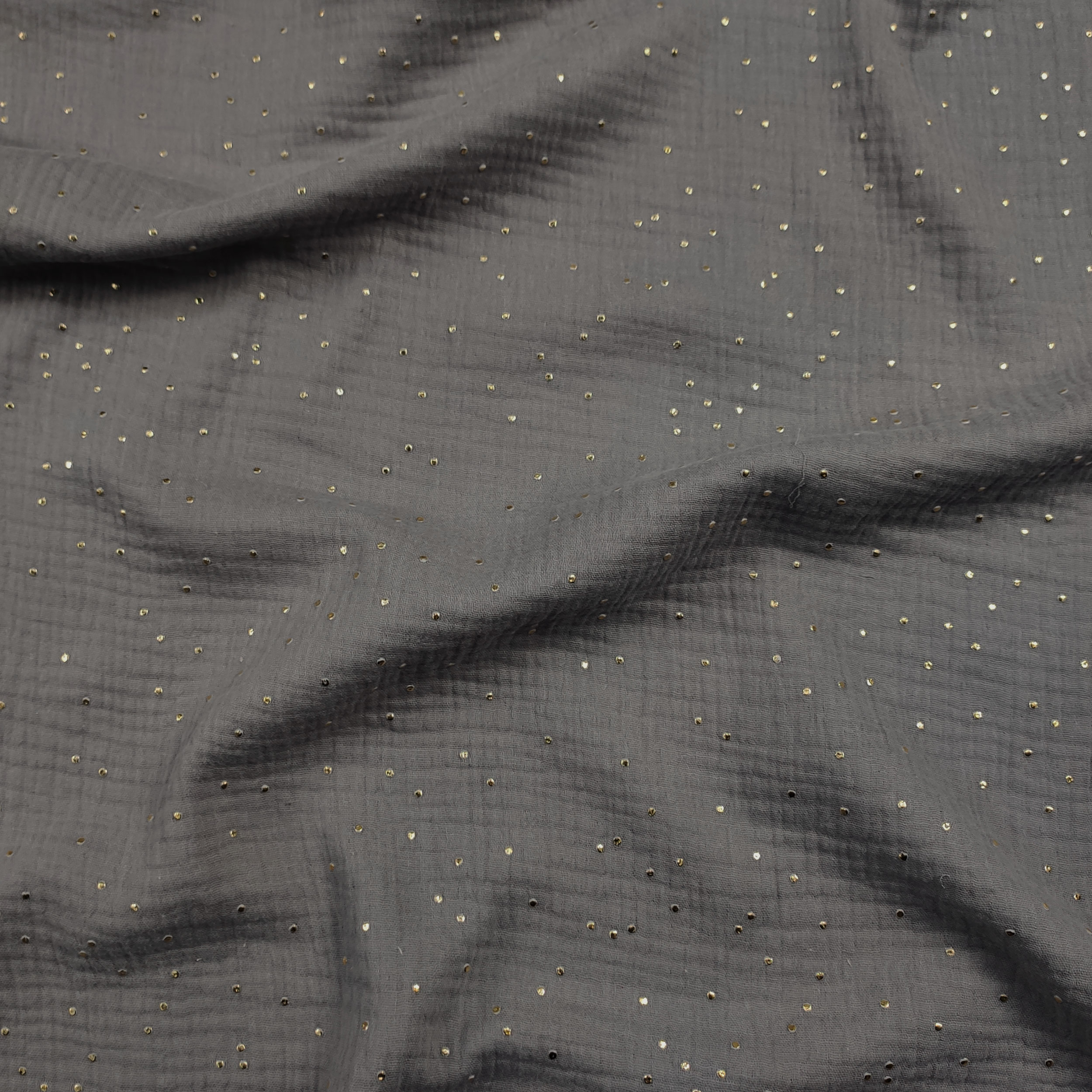 Mussola Cotone Grigia con Pois Oro