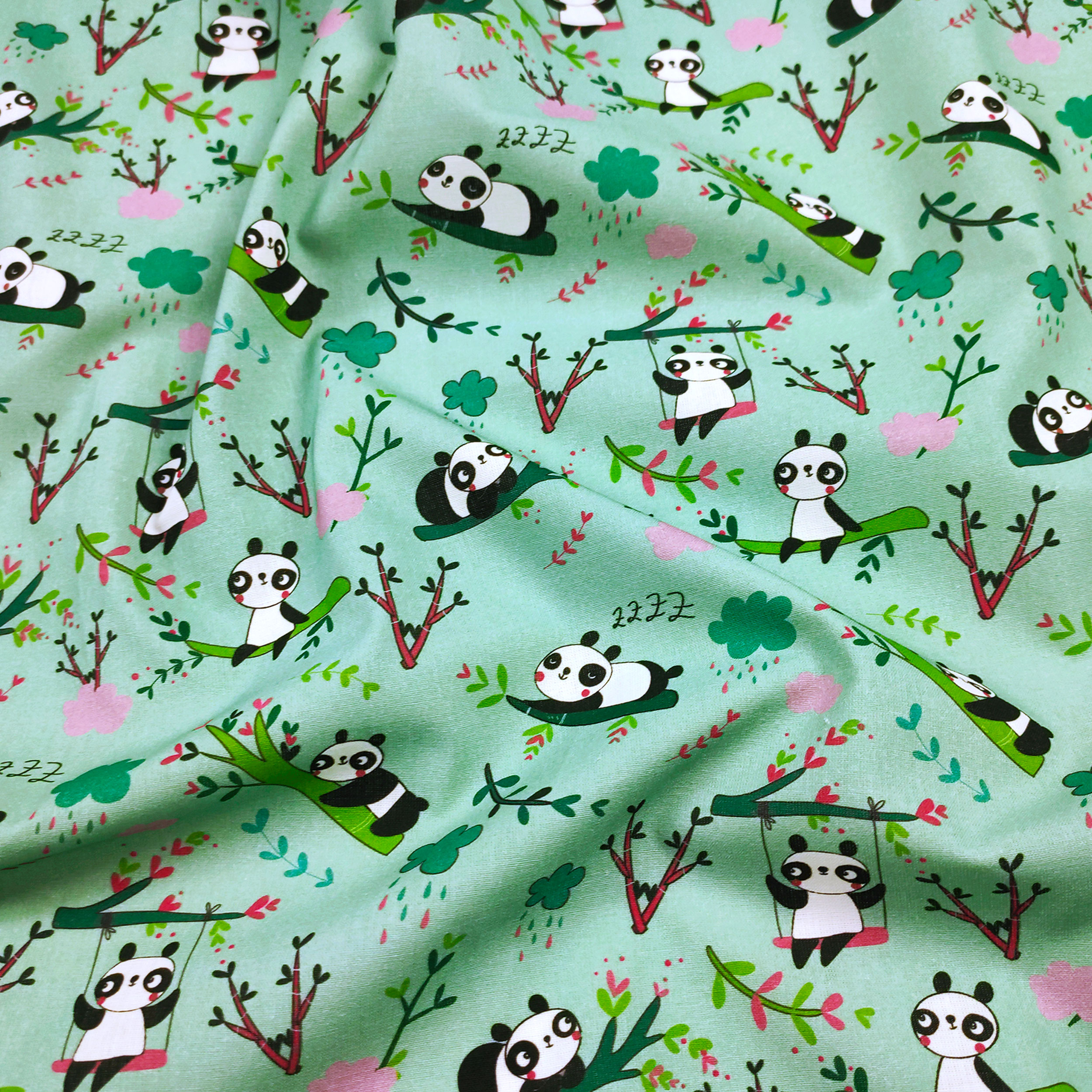 Ritaglio Cotone Panda Piccoli Sfondo Verde Menta 50x150 cm
