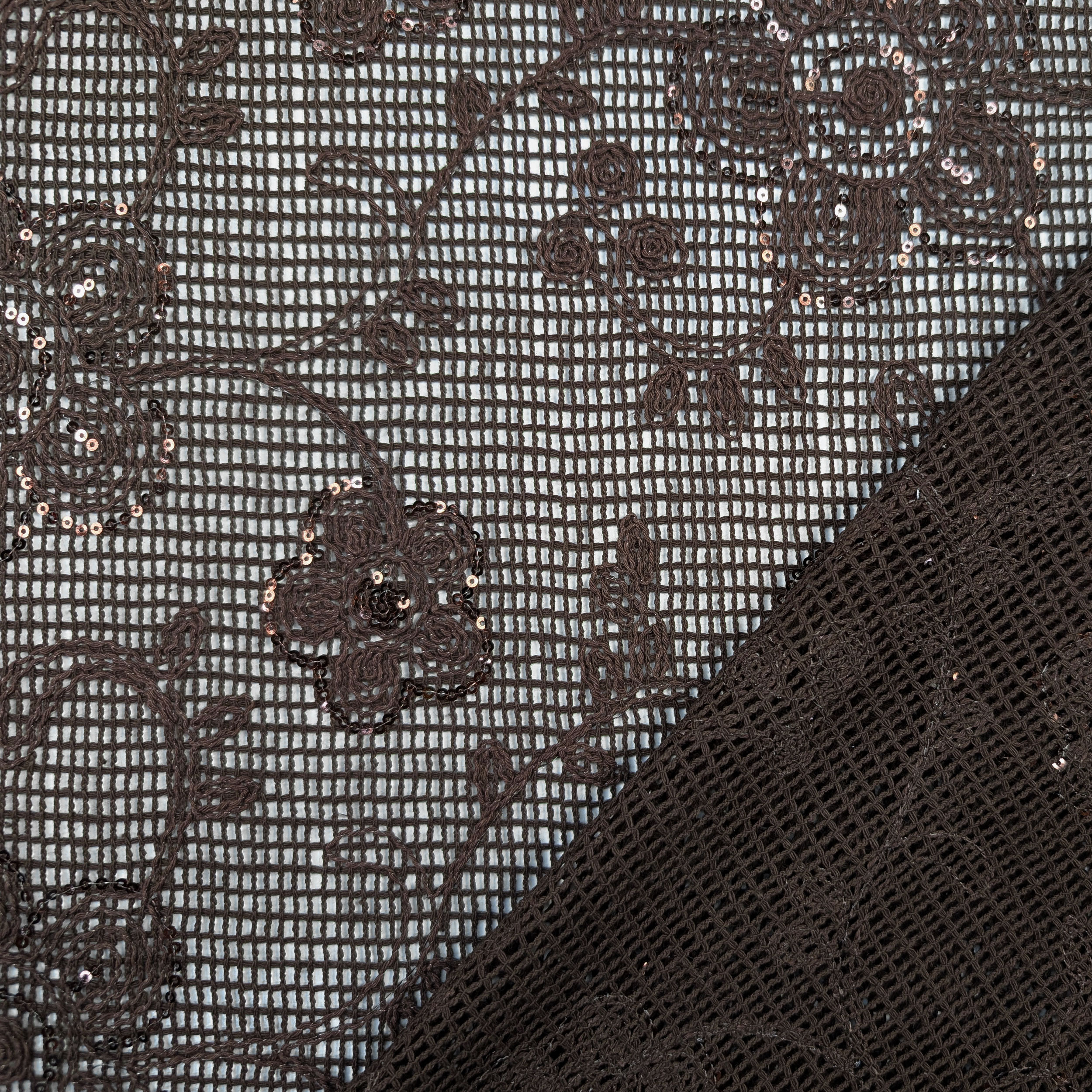 Ricamo Su Rete Marrone Fiori con Paillettes Image