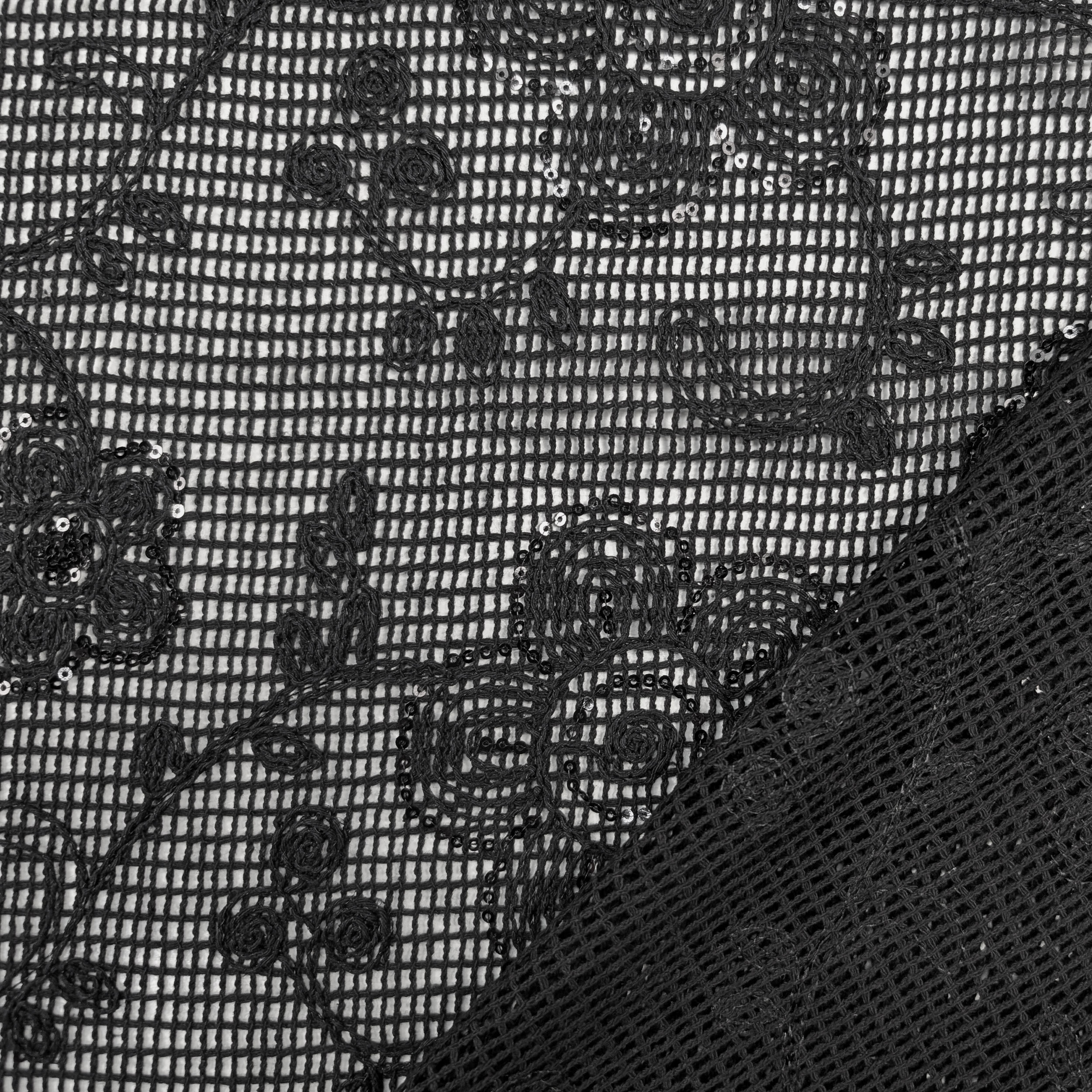 Ricamo Su Rete Nero Fiori con Paillettes Image