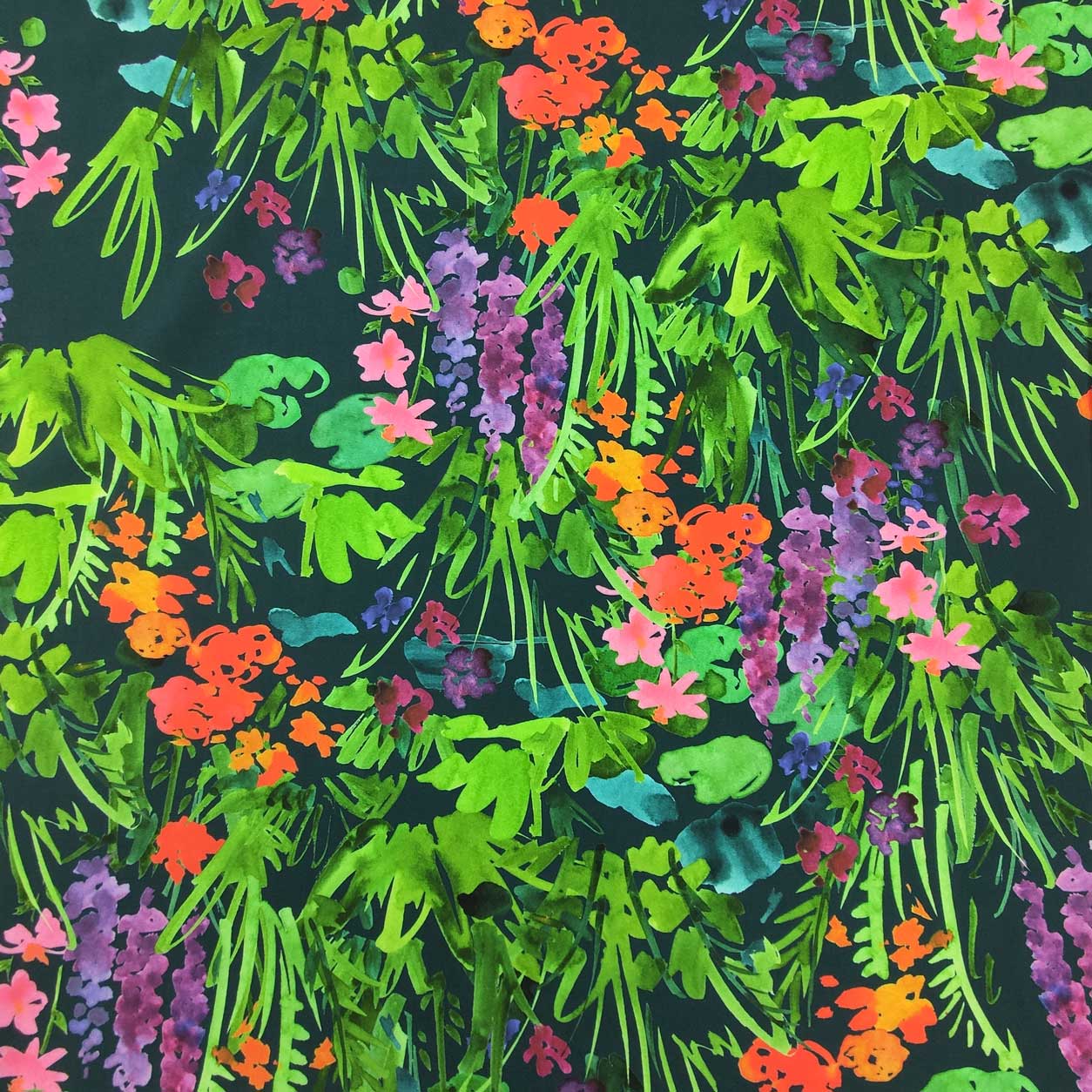 Tessuto Cotone Fiori Acquerellati Sfondo Petrolio