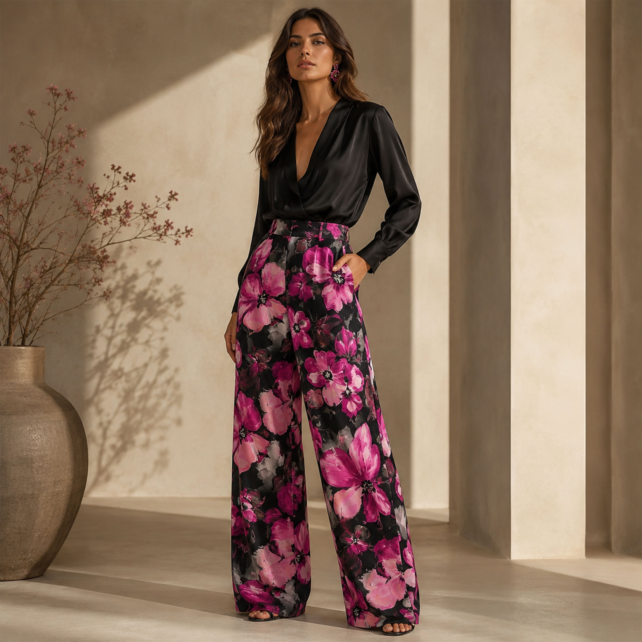 Raso Setato Alta Moda Floreale Acquerellato Fuxia Image
