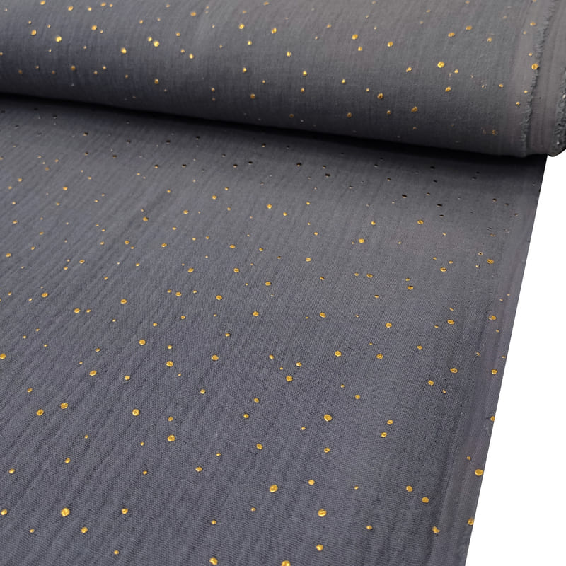 Mussola Cotone Grigio con Pois Oro