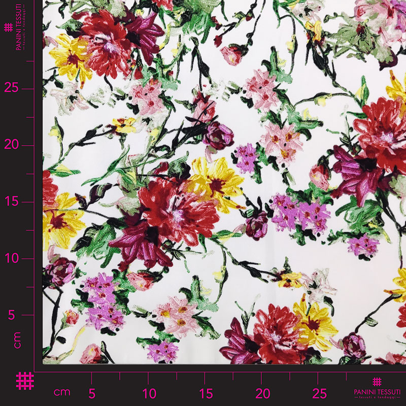 Tessuto Cotone Elasticizzato Mazzi di Fiori Sfondo Bianco 