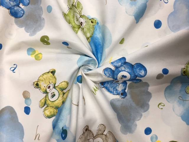 Tessuto cotone orsetti e nuvole azzurro 2