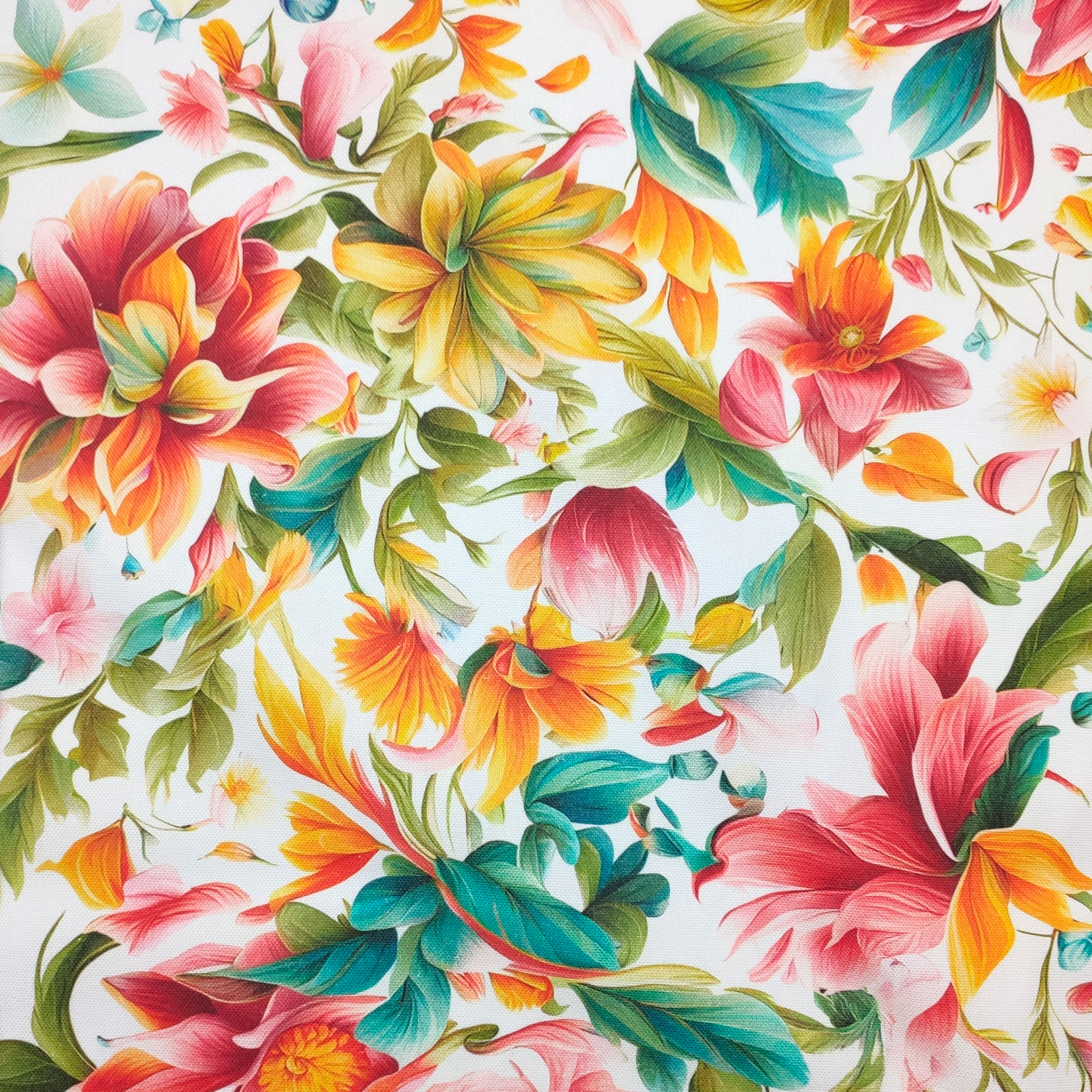 Tessuto Panama Fiori Multicolor Sfondo Bianco
