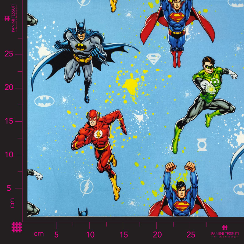 Tessuto Cotone Justice League Sfondo Azzurro