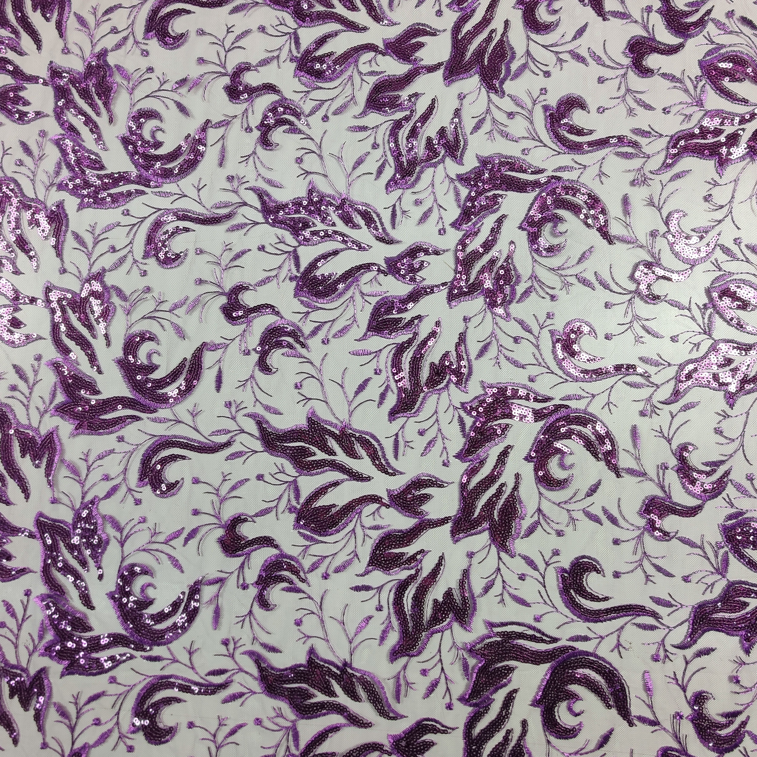 Tulle Ricamato Foglie con Paillettes Viola