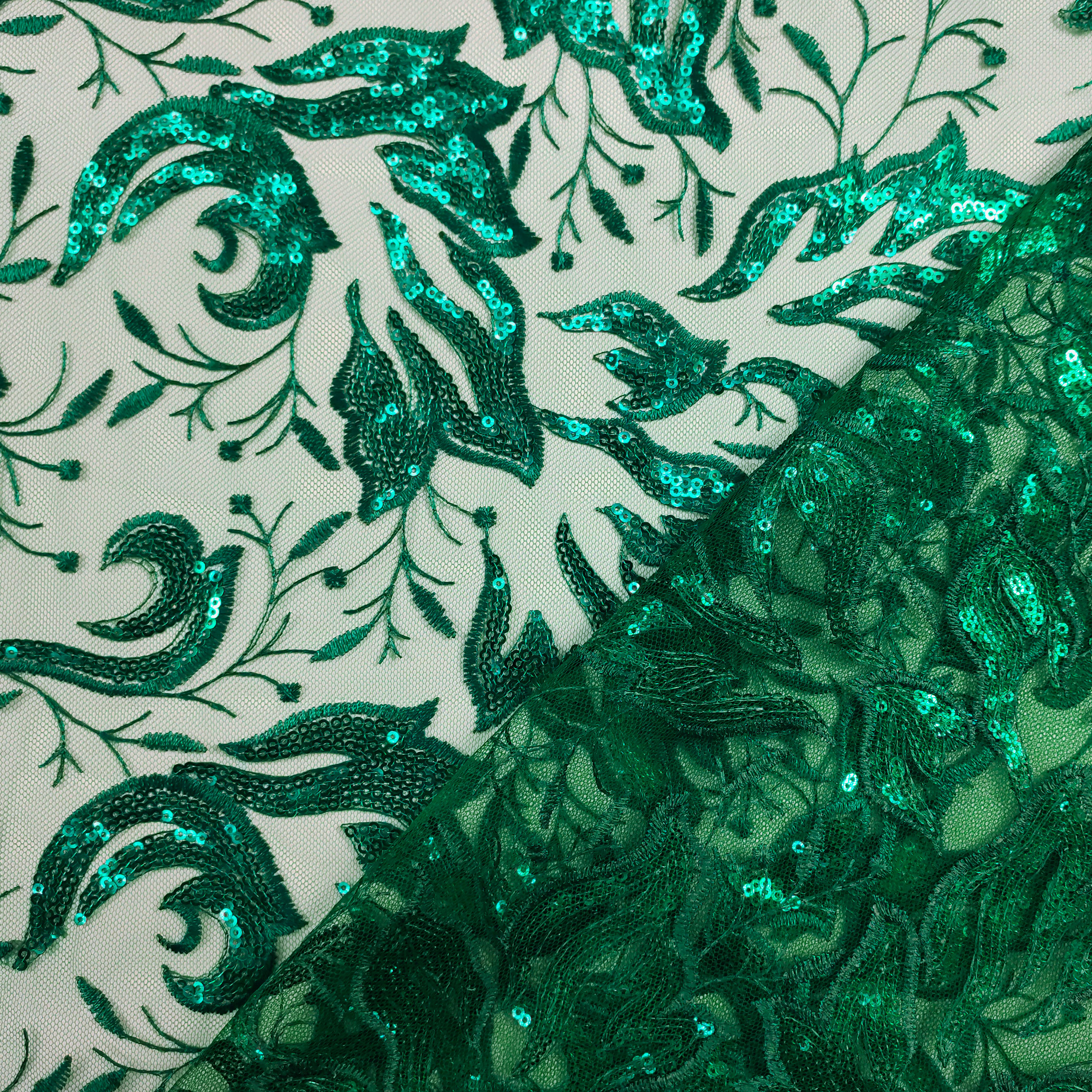 Tulle Ricamato Foglie con Paillettes Verde