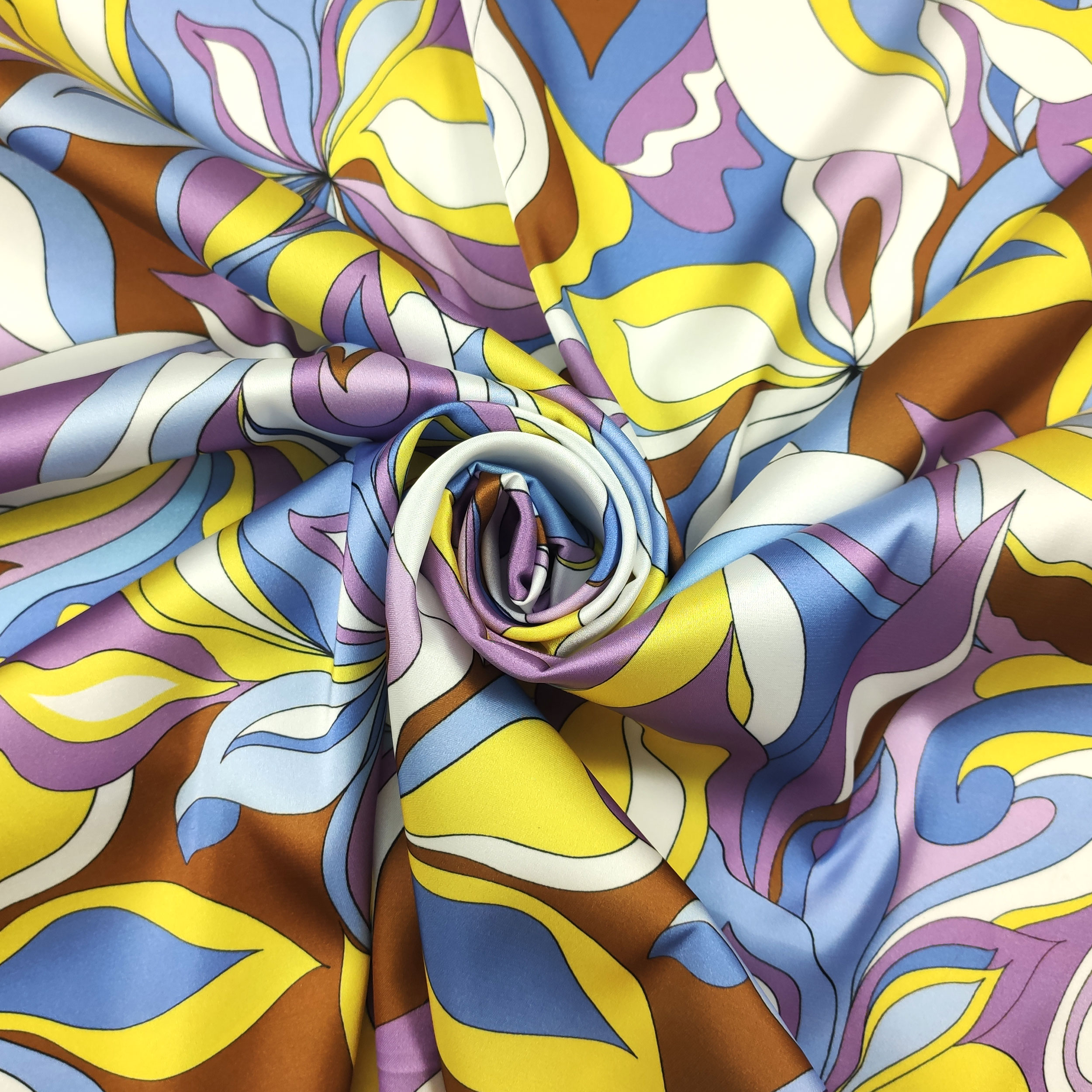 Rasetto Elasticizzato Setato Moda Fiori Astratti Lilla e Giallo