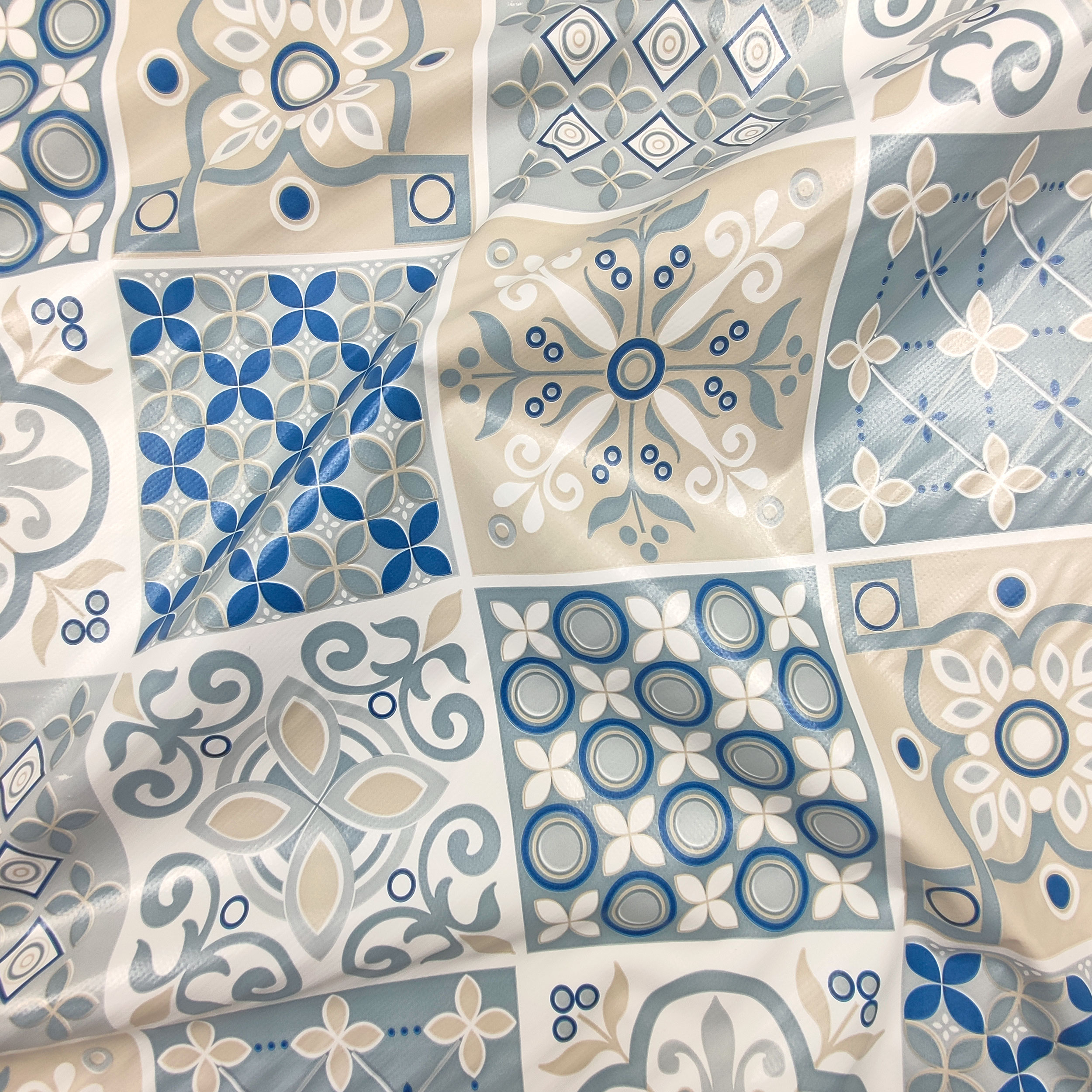 Tessuto Tovaglia Plastificata Mattonelle Floreali Blu e Beige Image