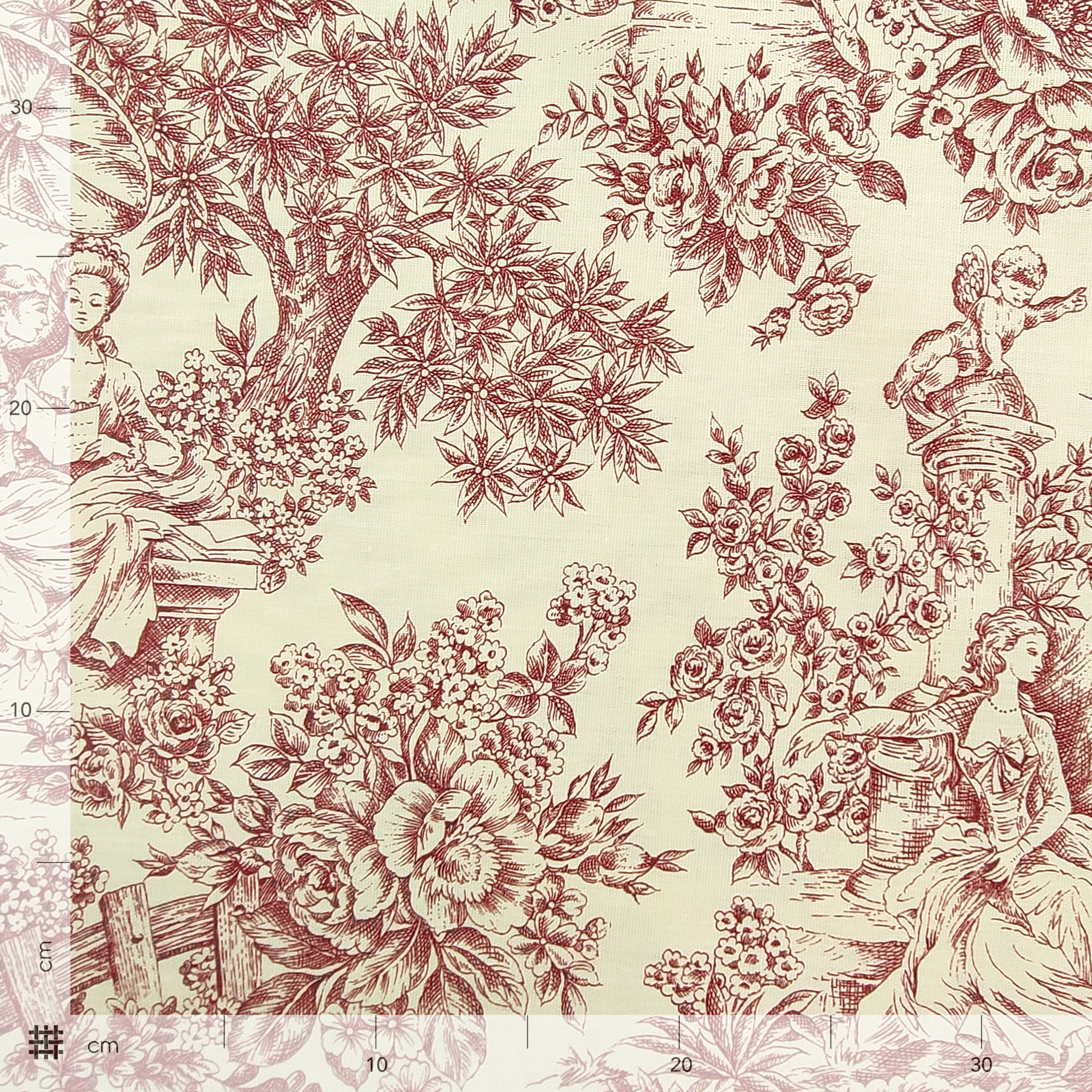 Tessuto Panama Toile De Jouy Rosso Sfondo Panna H 280 cm Image