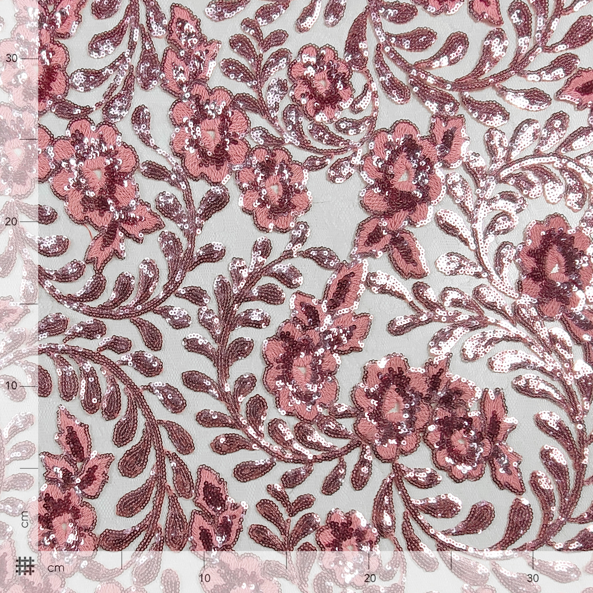 Tulle Ricamato Fiori con Paillettes Rosa