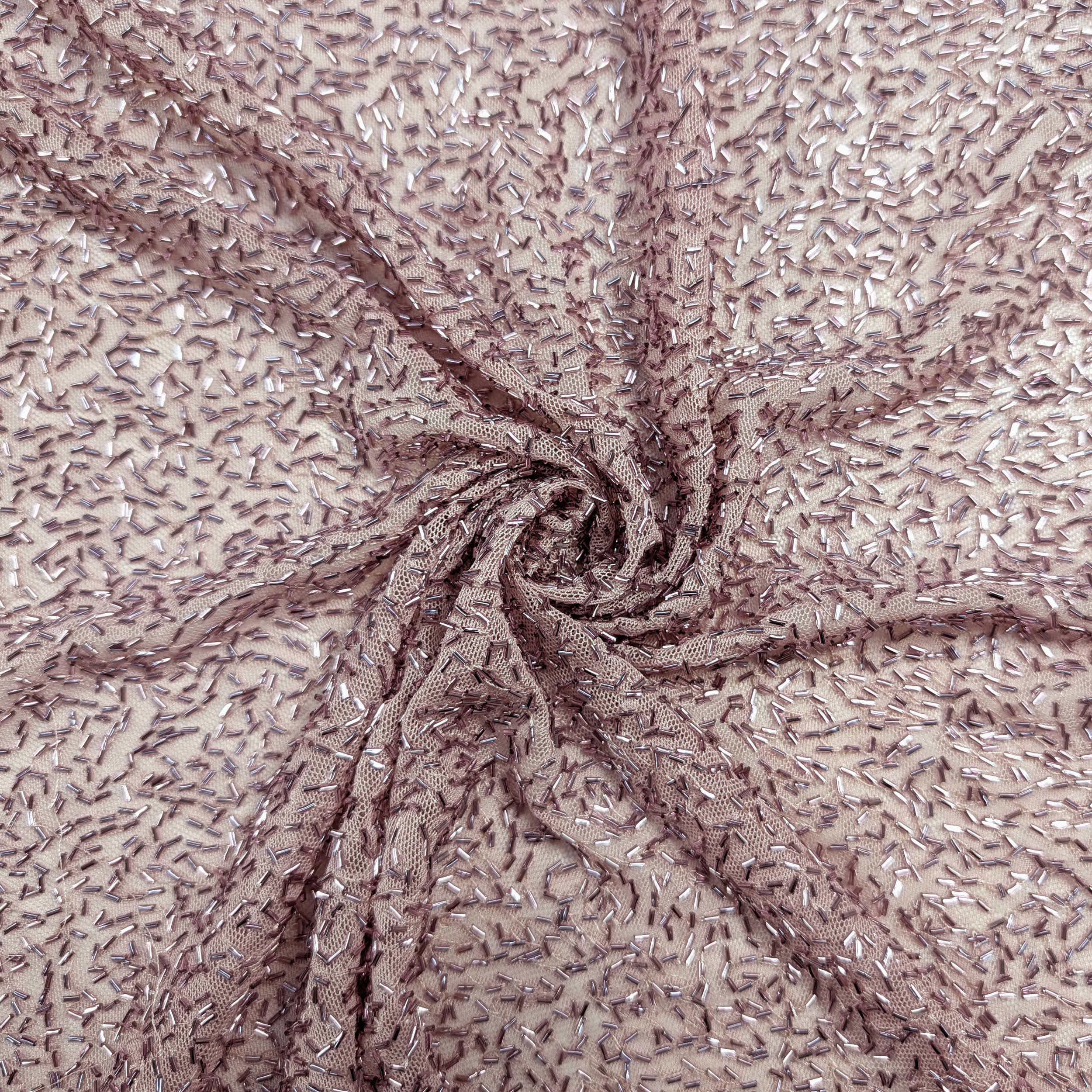 Tulle Ricamato con Perline Tubolari Rosa Image