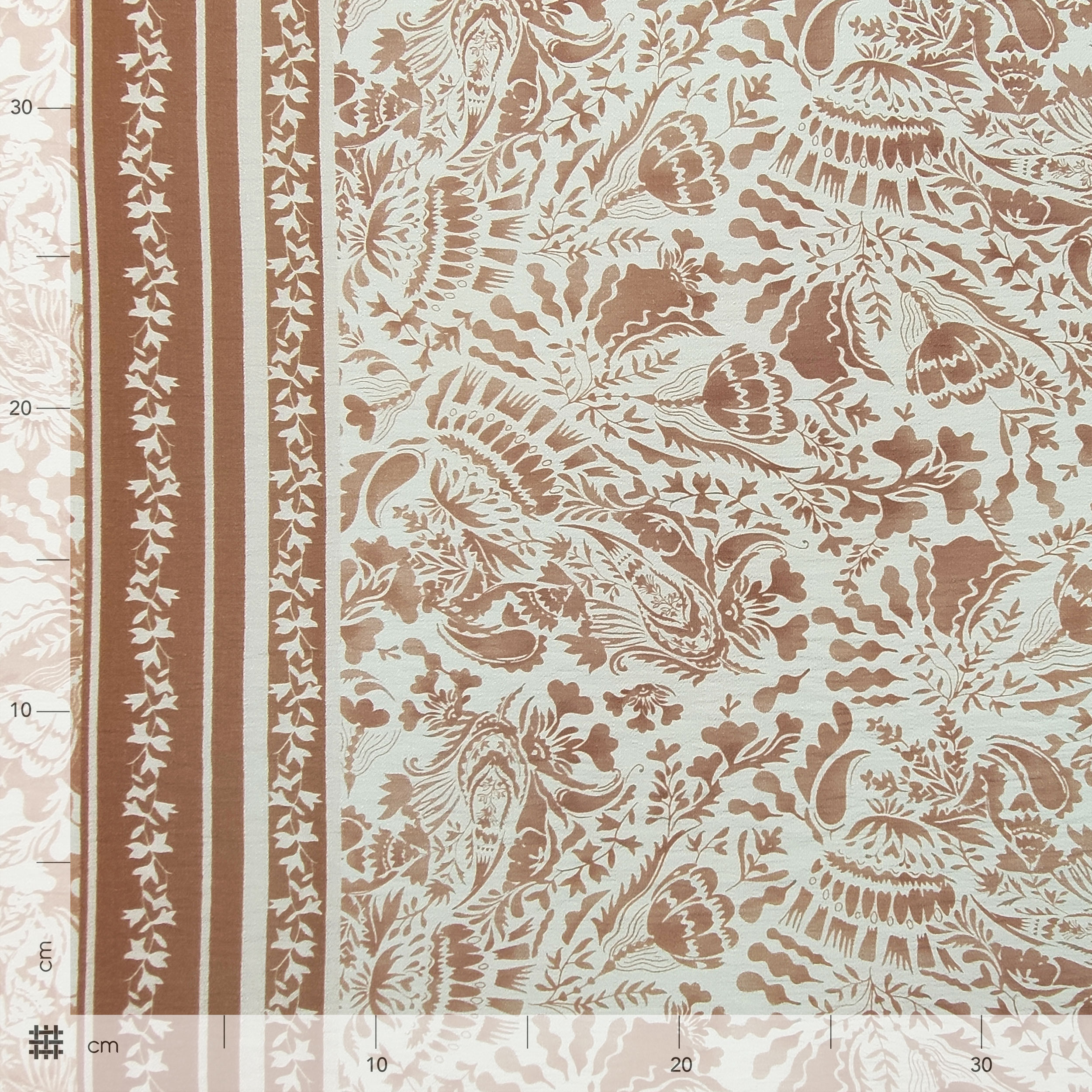 Tessuto di Cotone Doppio Bordo e Fiori Beige
