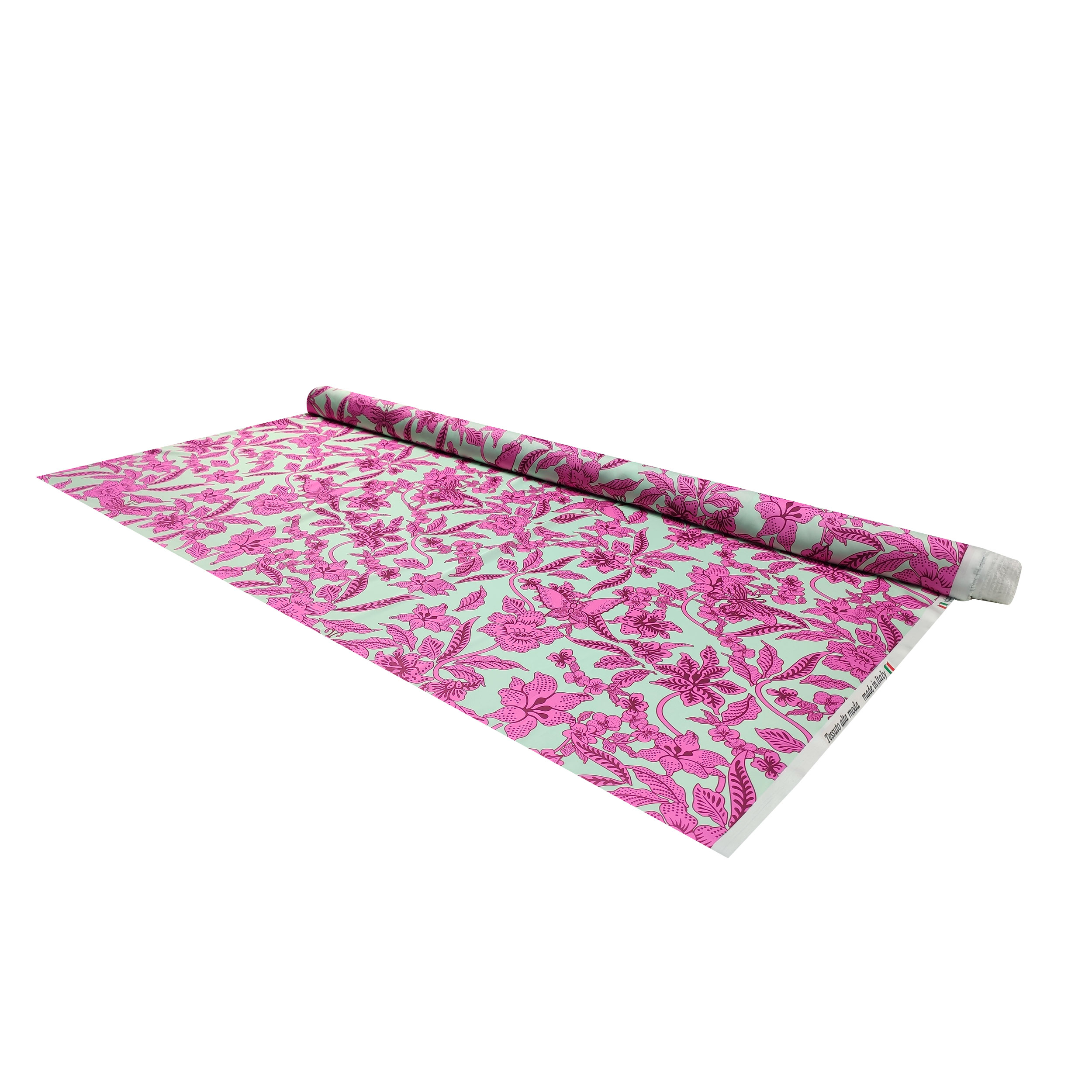 Tessuto Rasetto Alta Moda Fiori Magenta Sfondo Chiaro