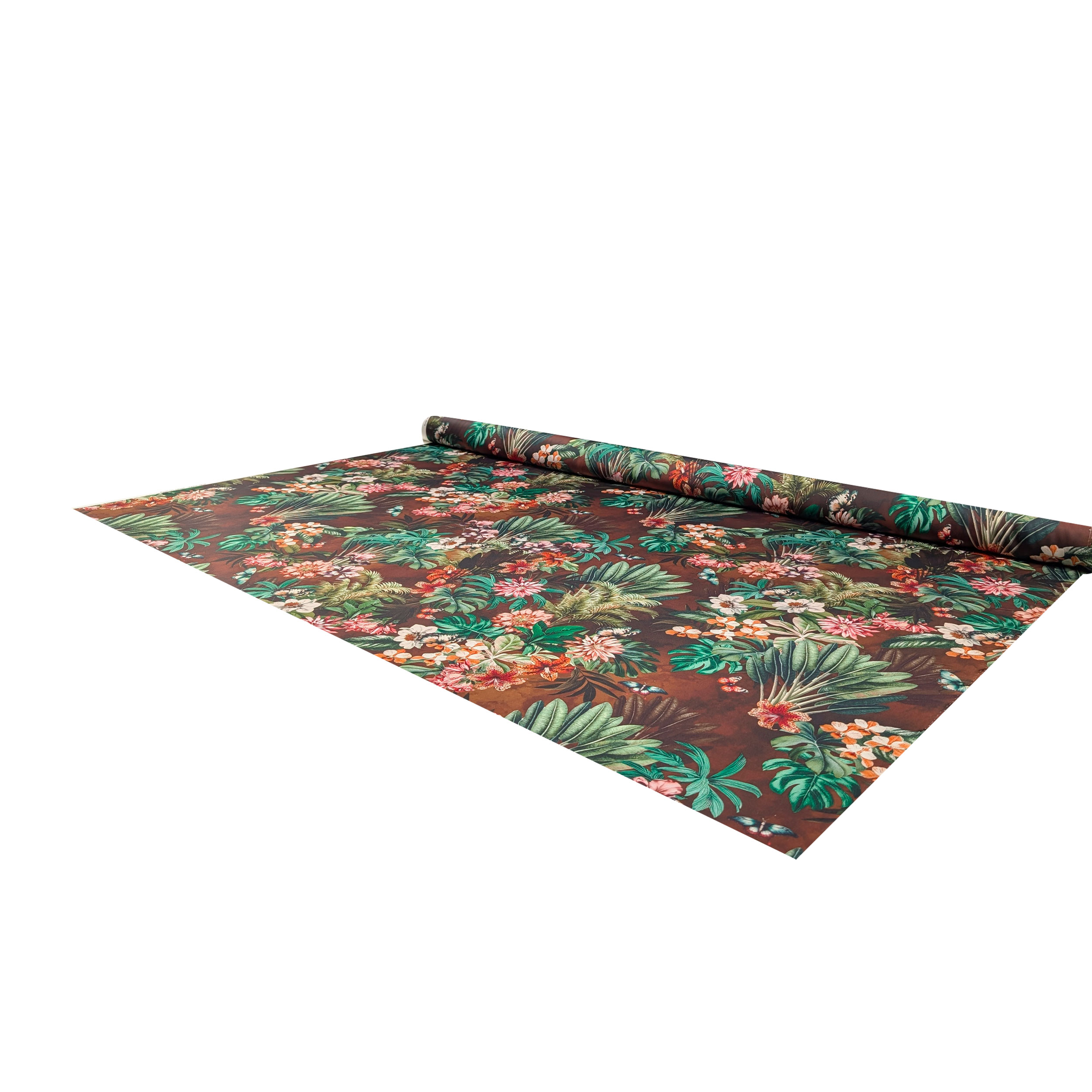 Raso Setato Alta Moda Marrone Fiori e Foglie Tropicali Image