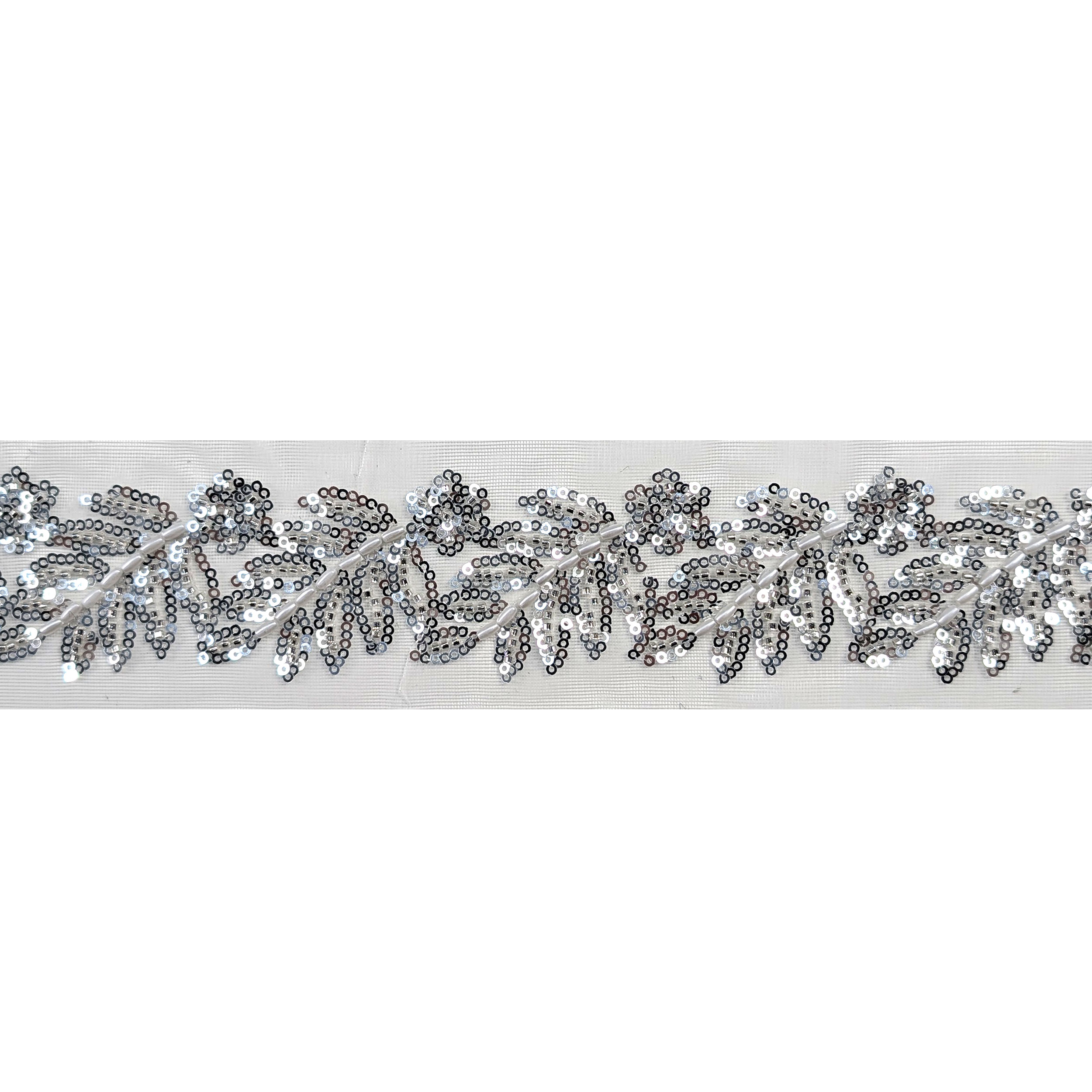 Passamaneria Tulle Foglie Paillettes e Perline Argento Image