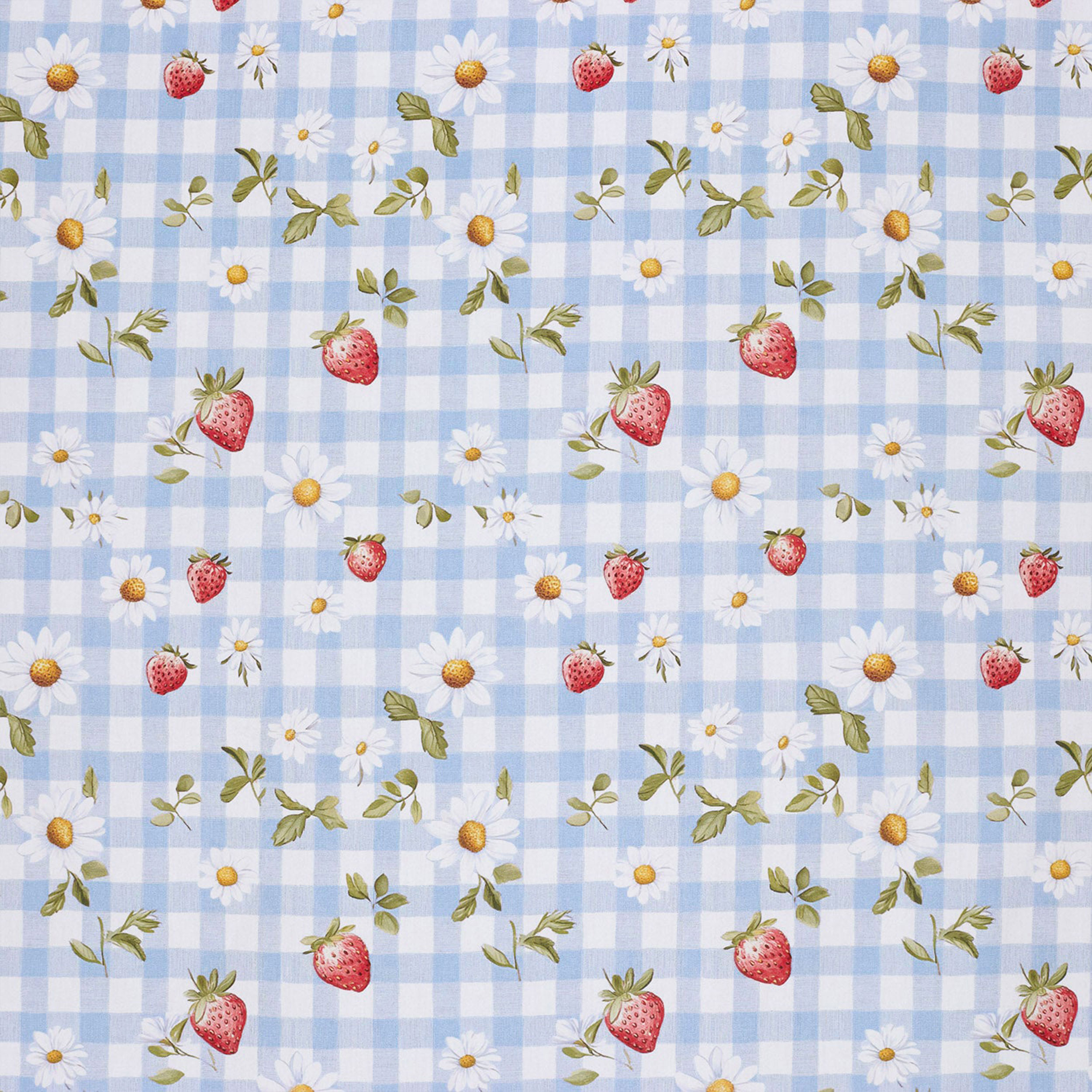 Popeline Cotone Quadretti Celesti e Fragole Image