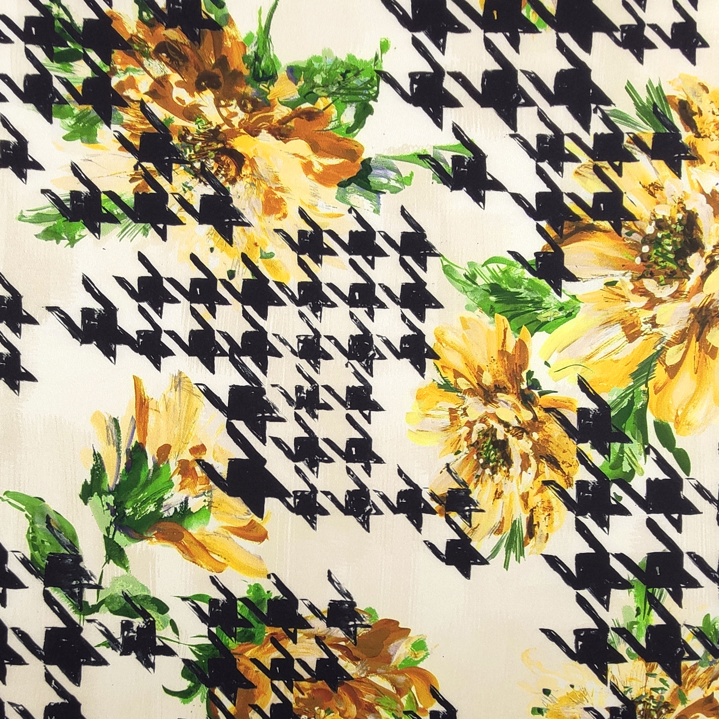 Raso Setato Alta Moda Fantasia Pied de Poule con Fiori