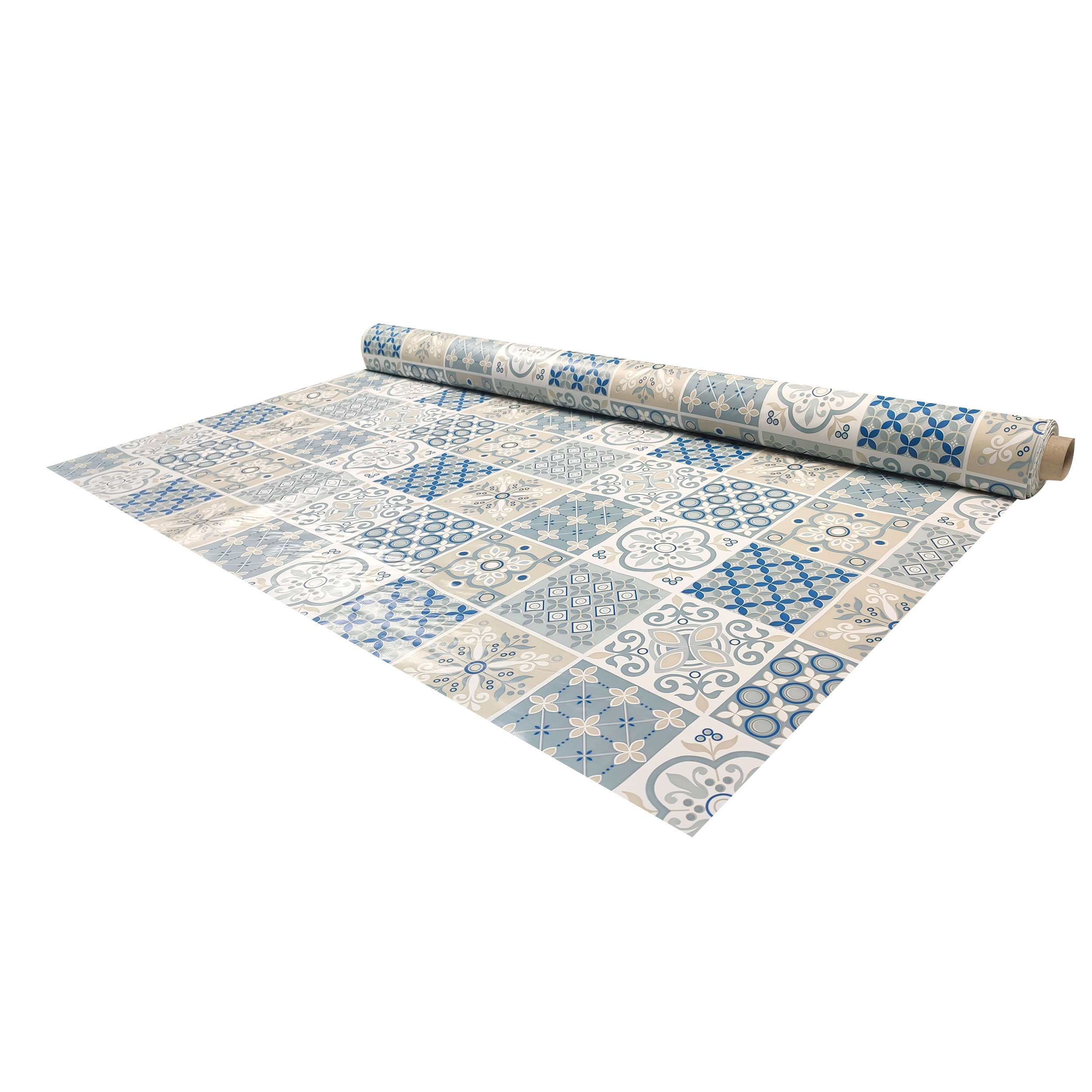 Tessuto Tovaglia Plastificata Mattonelle Floreali Blu e Beige Image