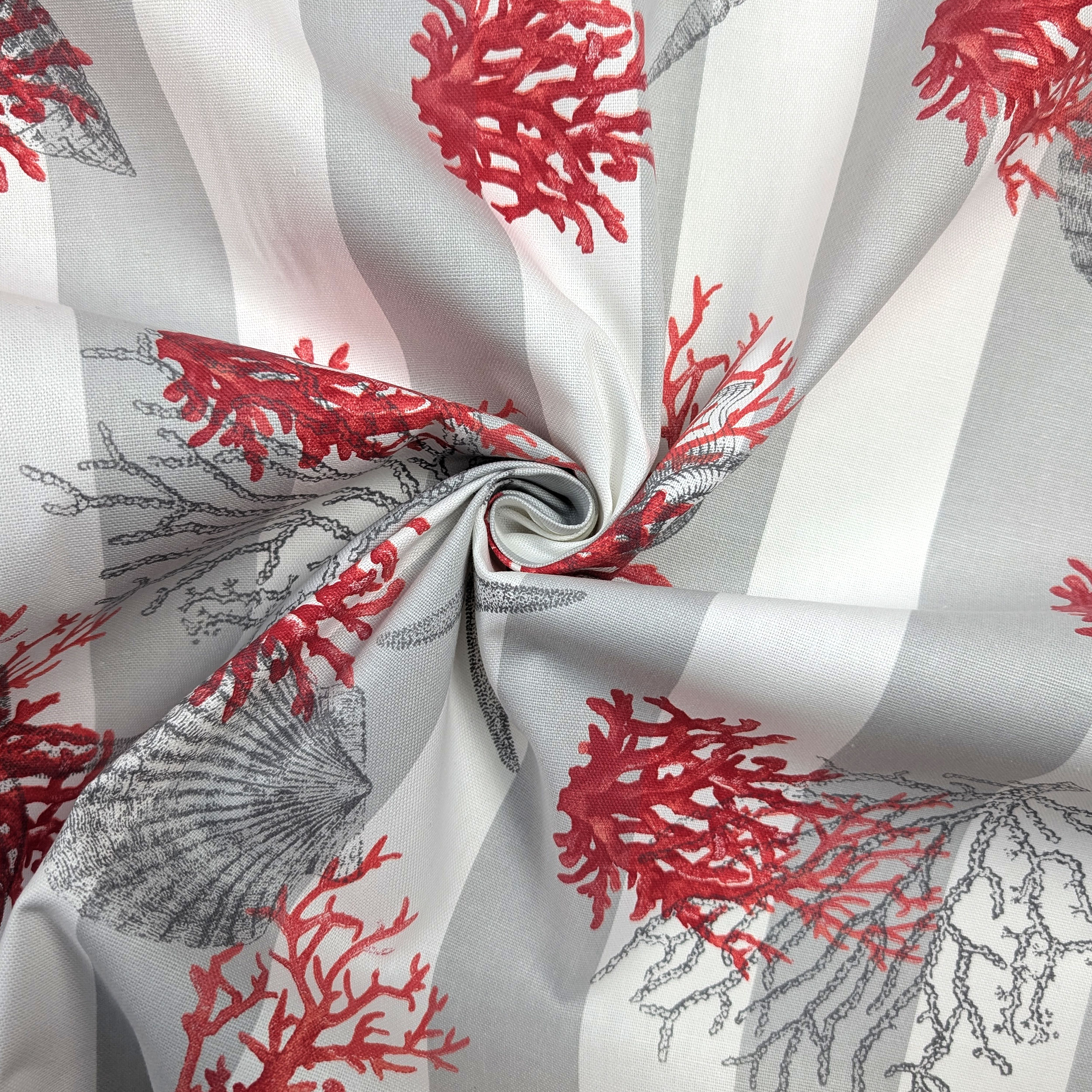 Tessuto Panama Righe Bianco Grigio Conchiglie Rosse Image