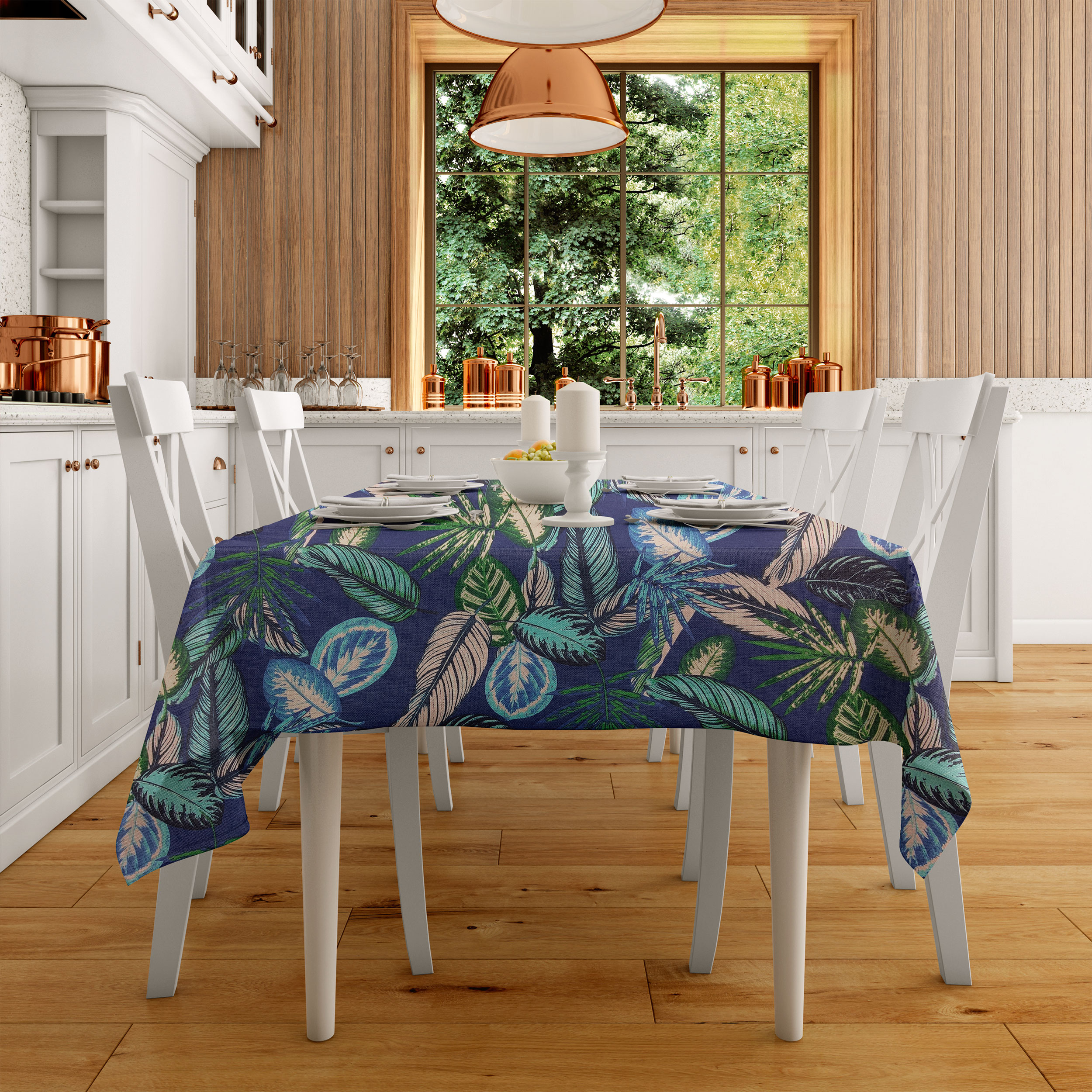 Tessuto Misto Cotone con Foglie Blu