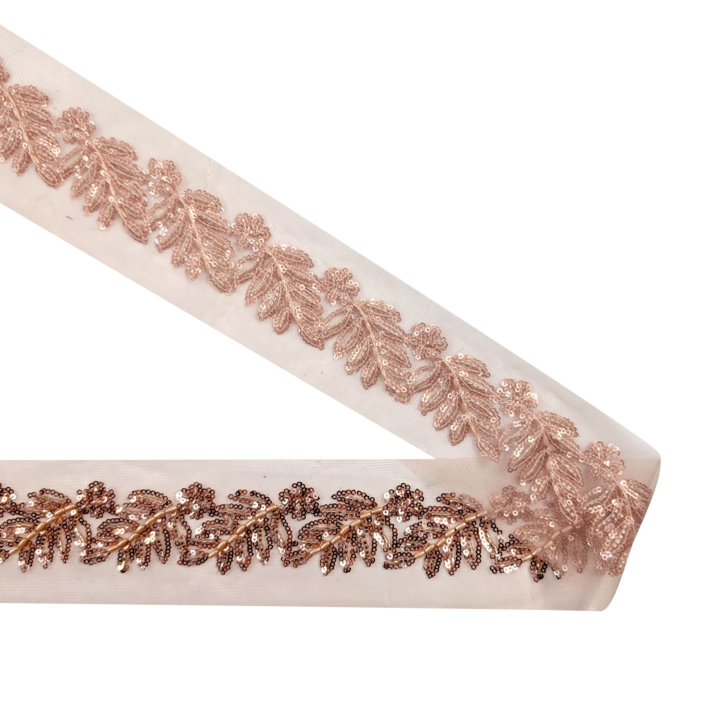 Passamaneria Tulle Foglie Paillettes e Perline Rosa Image