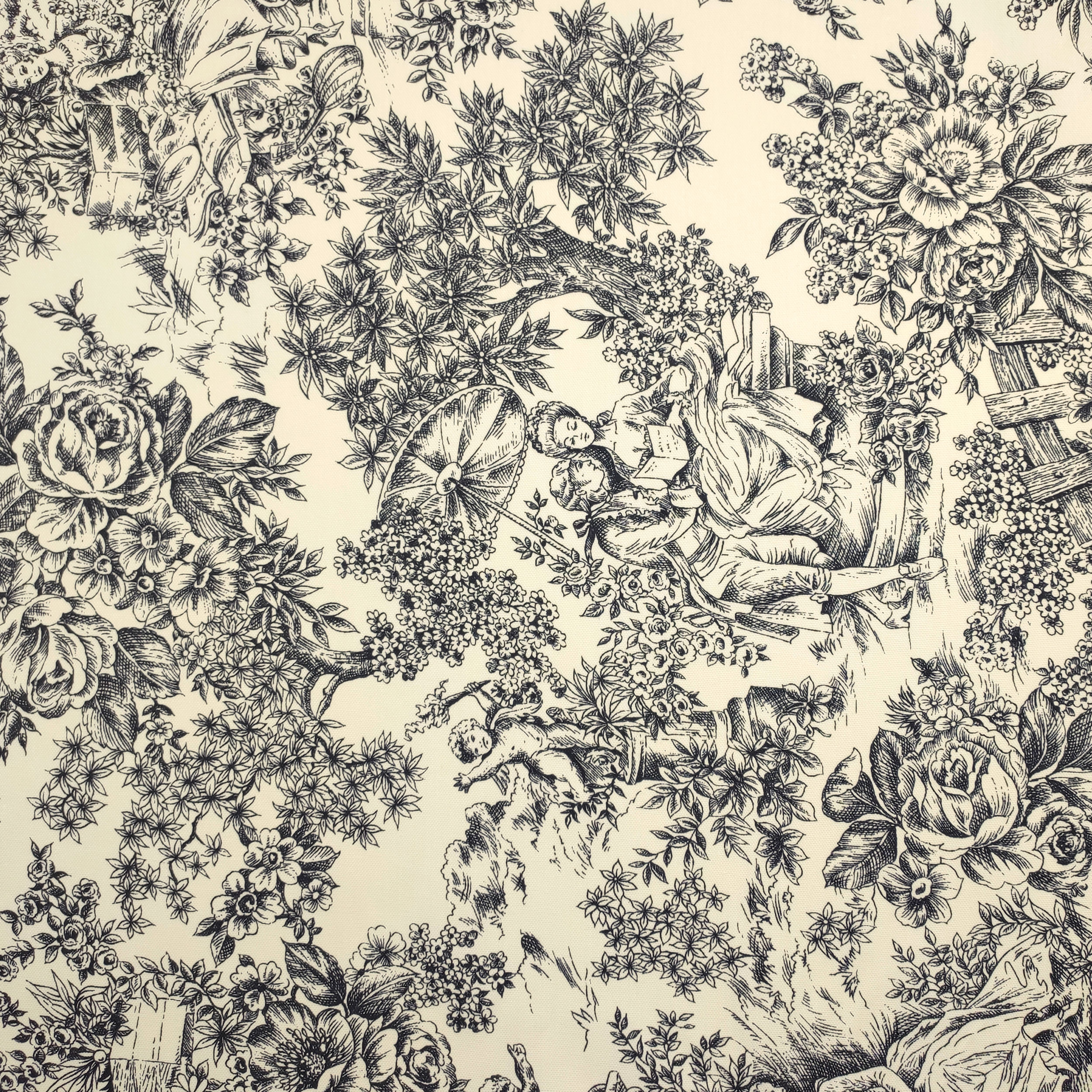 Tessuto Panama Toile De Jouy Nero Sfondo Panna