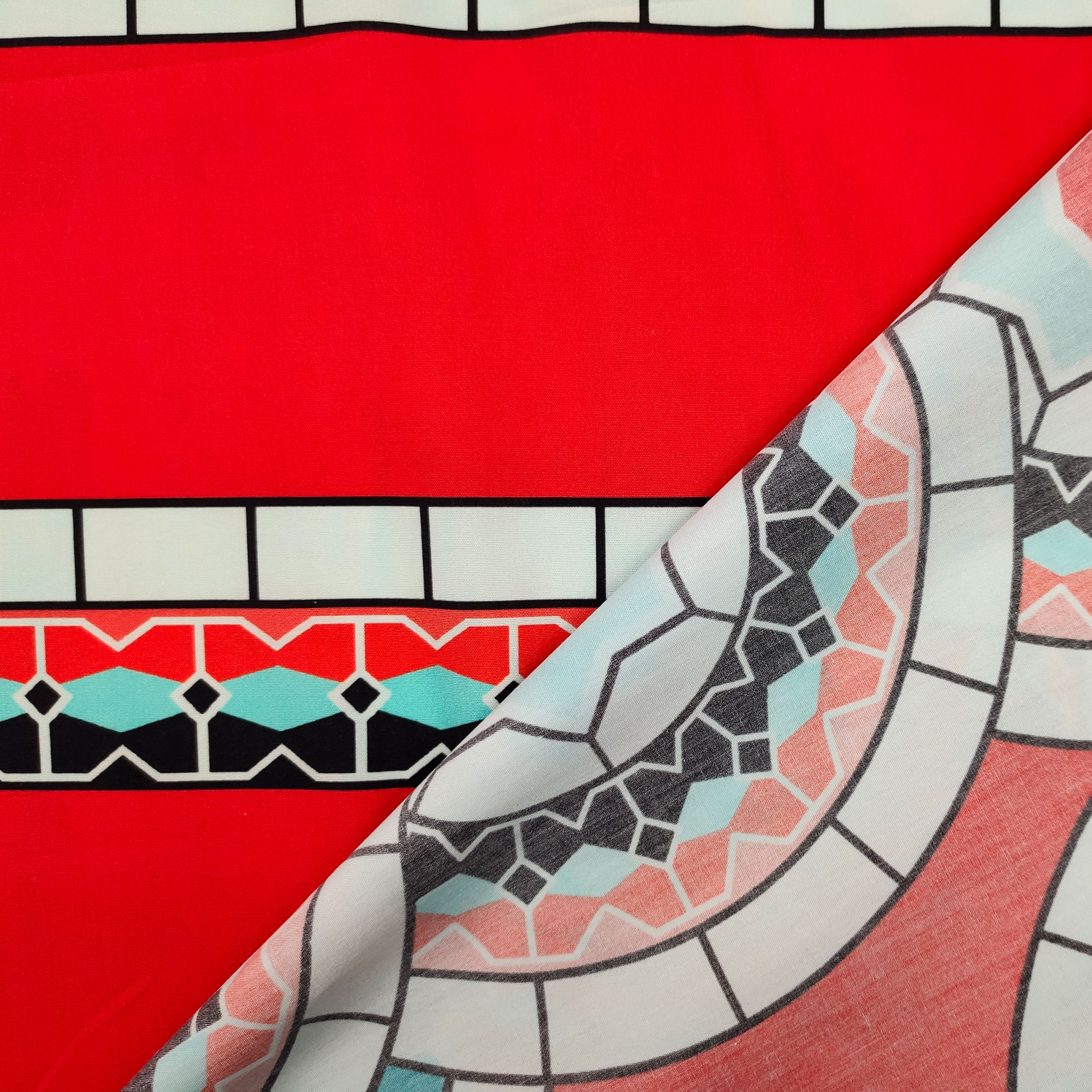 Cotone Fantasia Mosaico Turchese Rosso Image