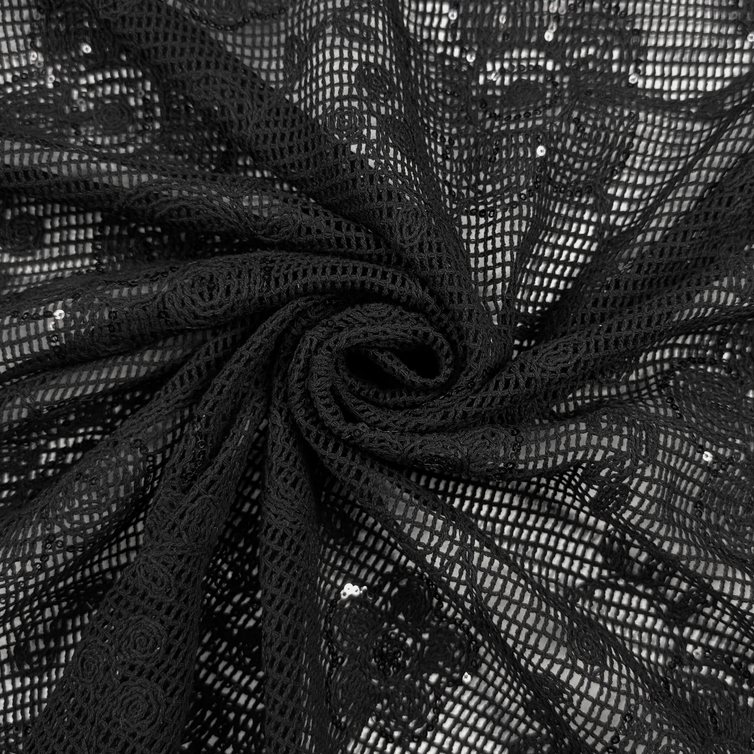 Ricamo Su Rete Nero Fiori con Paillettes Image