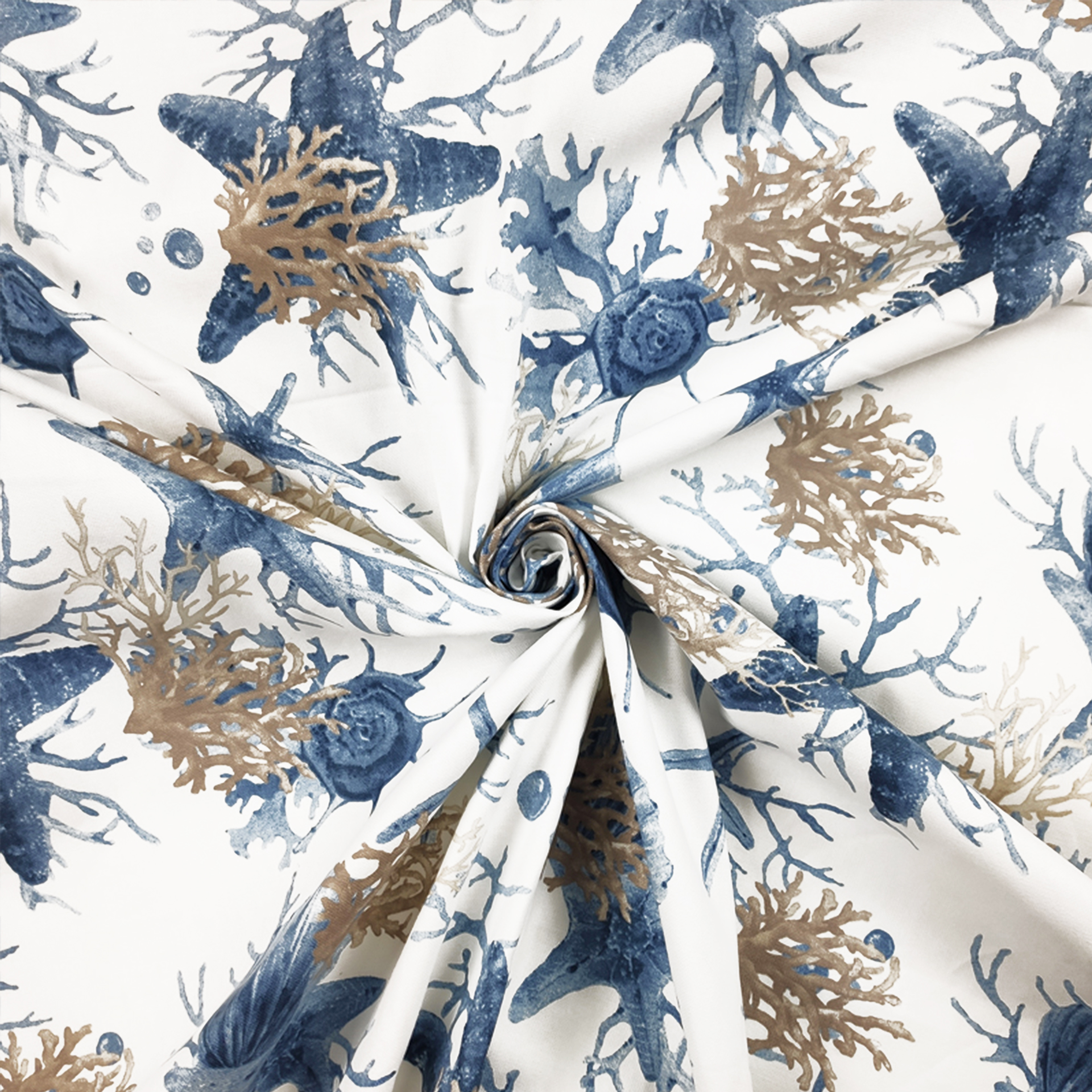 Tessuto Panama Fantasia Coralli Stelle Marine Blu