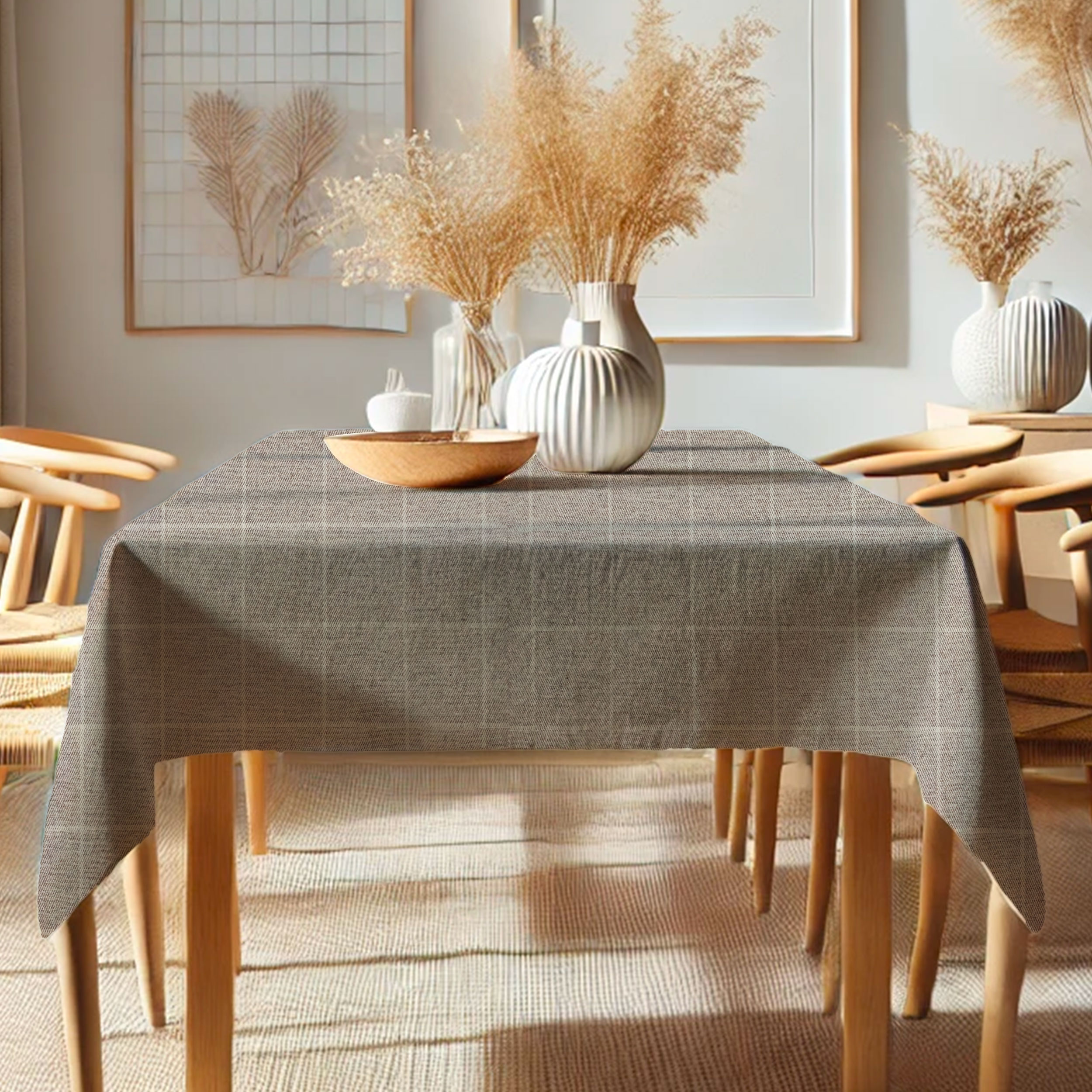 Tessuto per Tovaglia Resinato Cotone Quadri in Beige