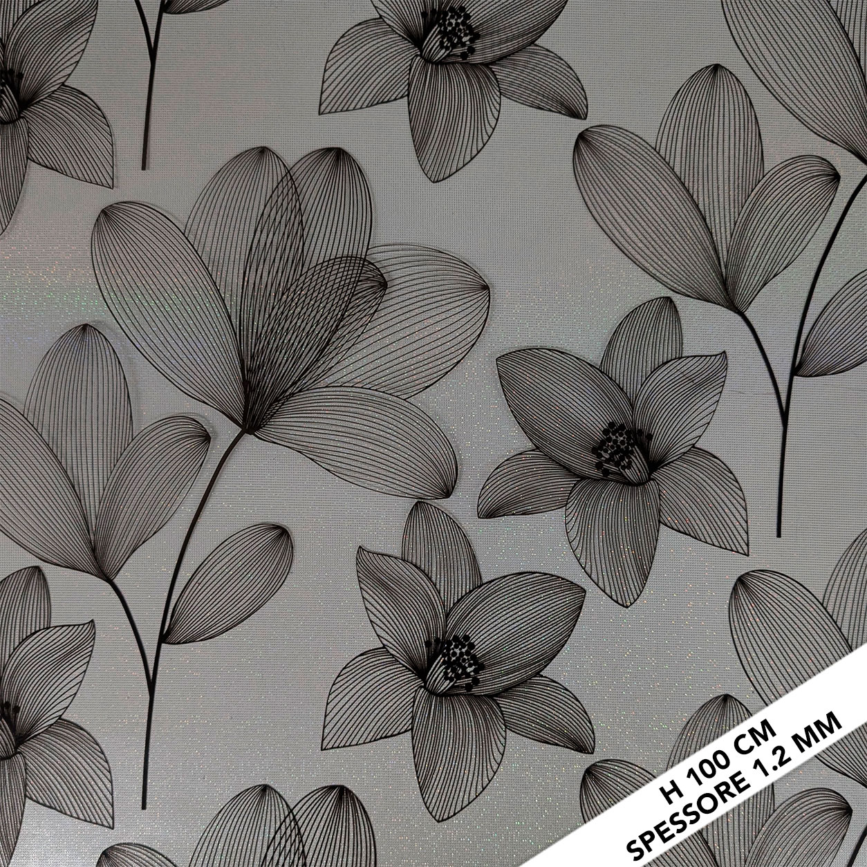 Copritavolo Fumè Nero Plastificato Fiori Outline con Glitter Image