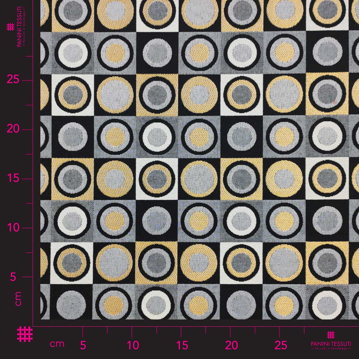 jacquard con cerchi neri, grigi e oro