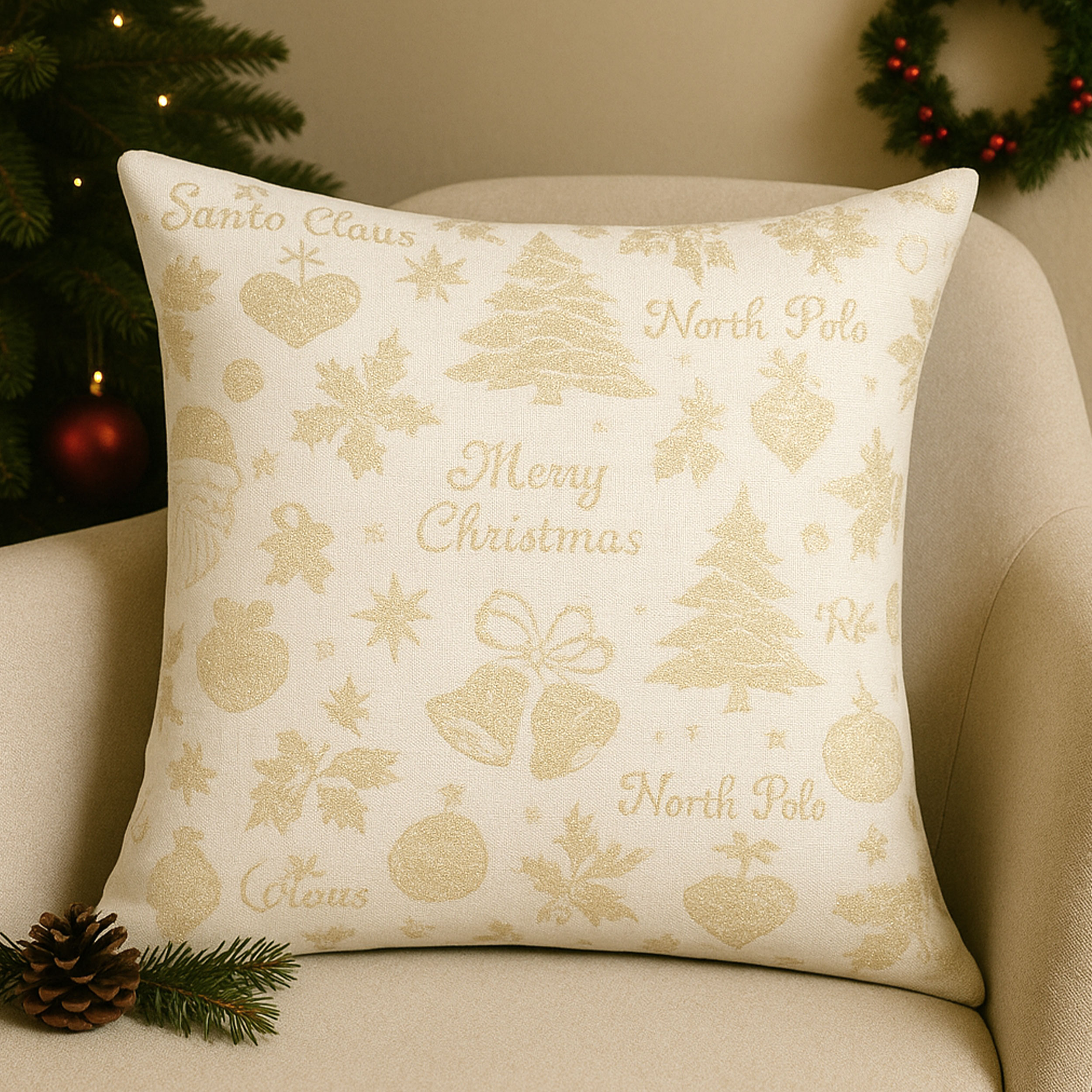 Jacquard Merry Christmas Bianco Oro Lurex H 280 cm Image