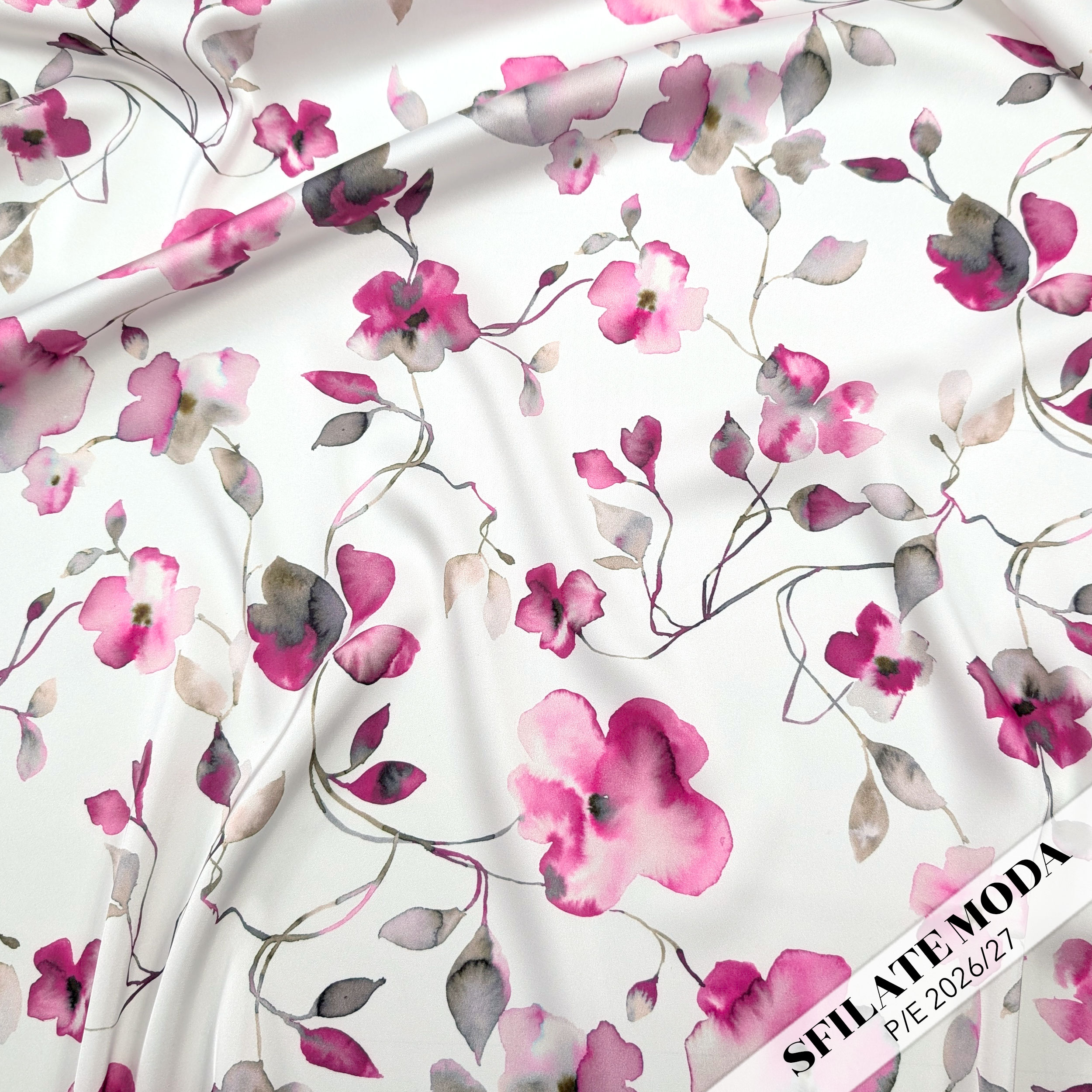 Raso Setato Alta Moda Fiori Acquerellati Fuxia Image