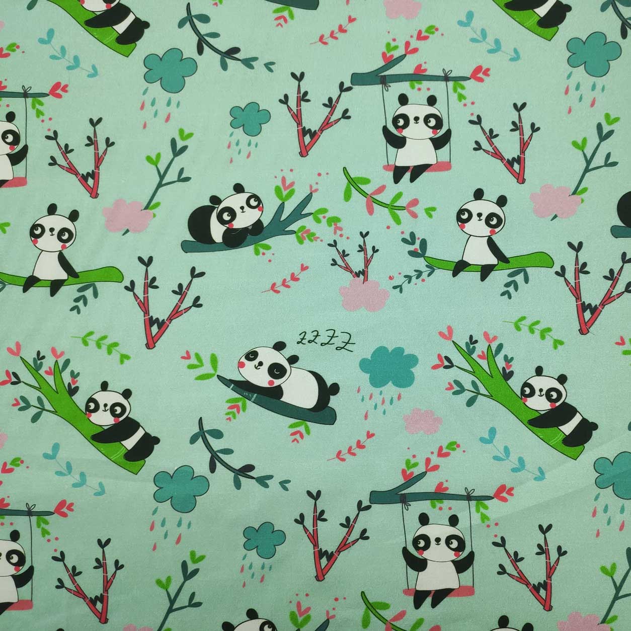 Cotone Panda Grandi Sfondo Verde Menta - Panini Tessuti 