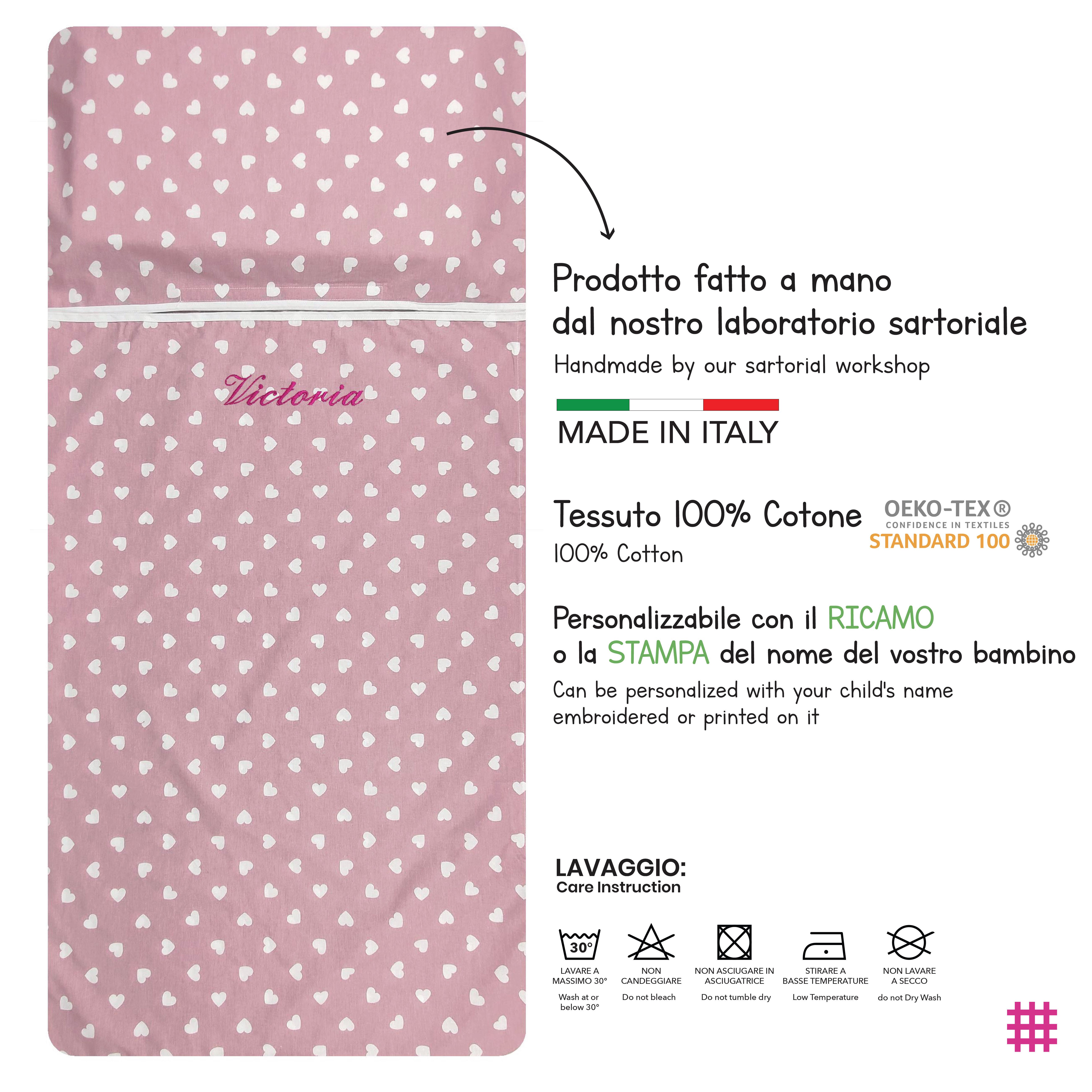 Sacco Nanna Estivo Cuori Bianchi con Sfondo Rosa Antico Image