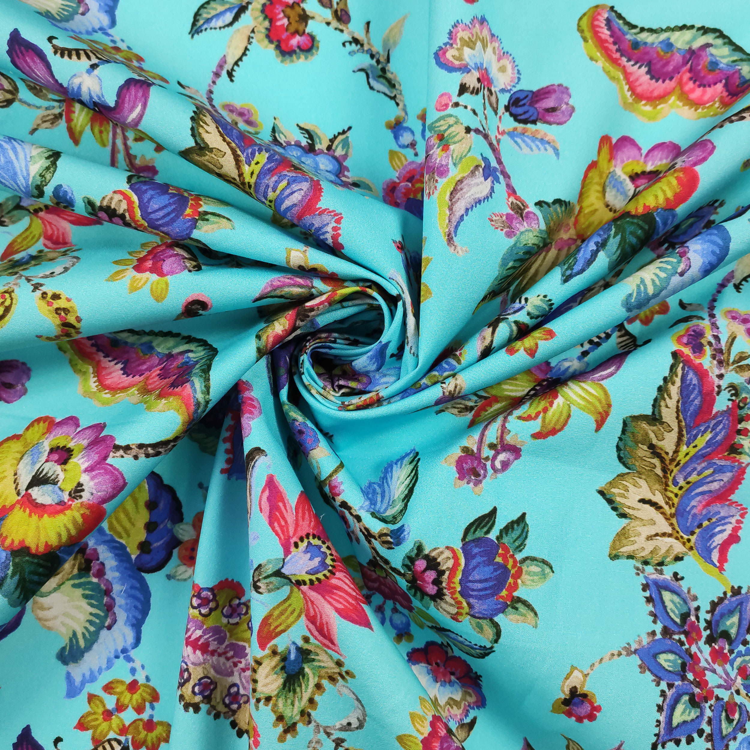 Cotone Elasticizzato Sfondo Ciano con Fiori