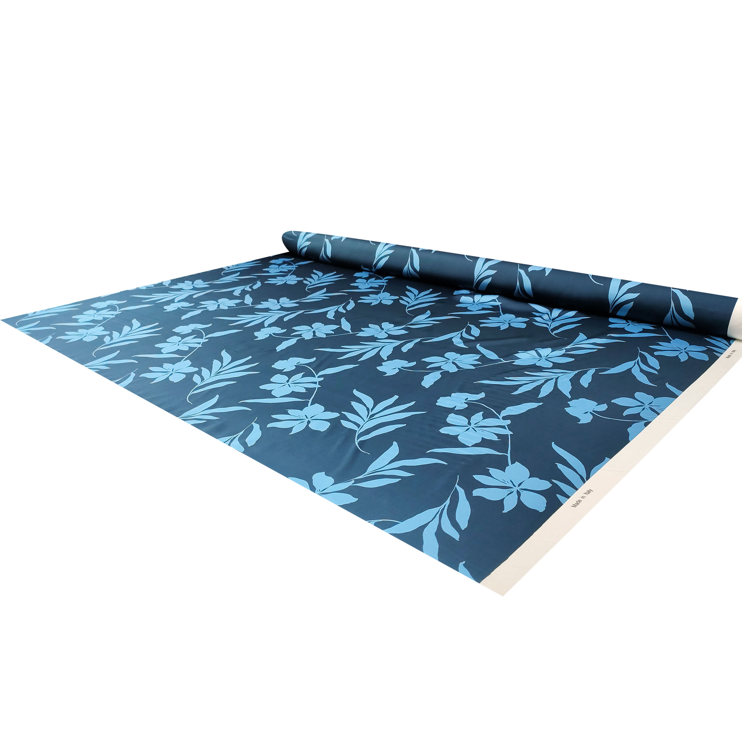 Raso Misto Seta Alta Moda Fiori Azzurri Sfondo Blu