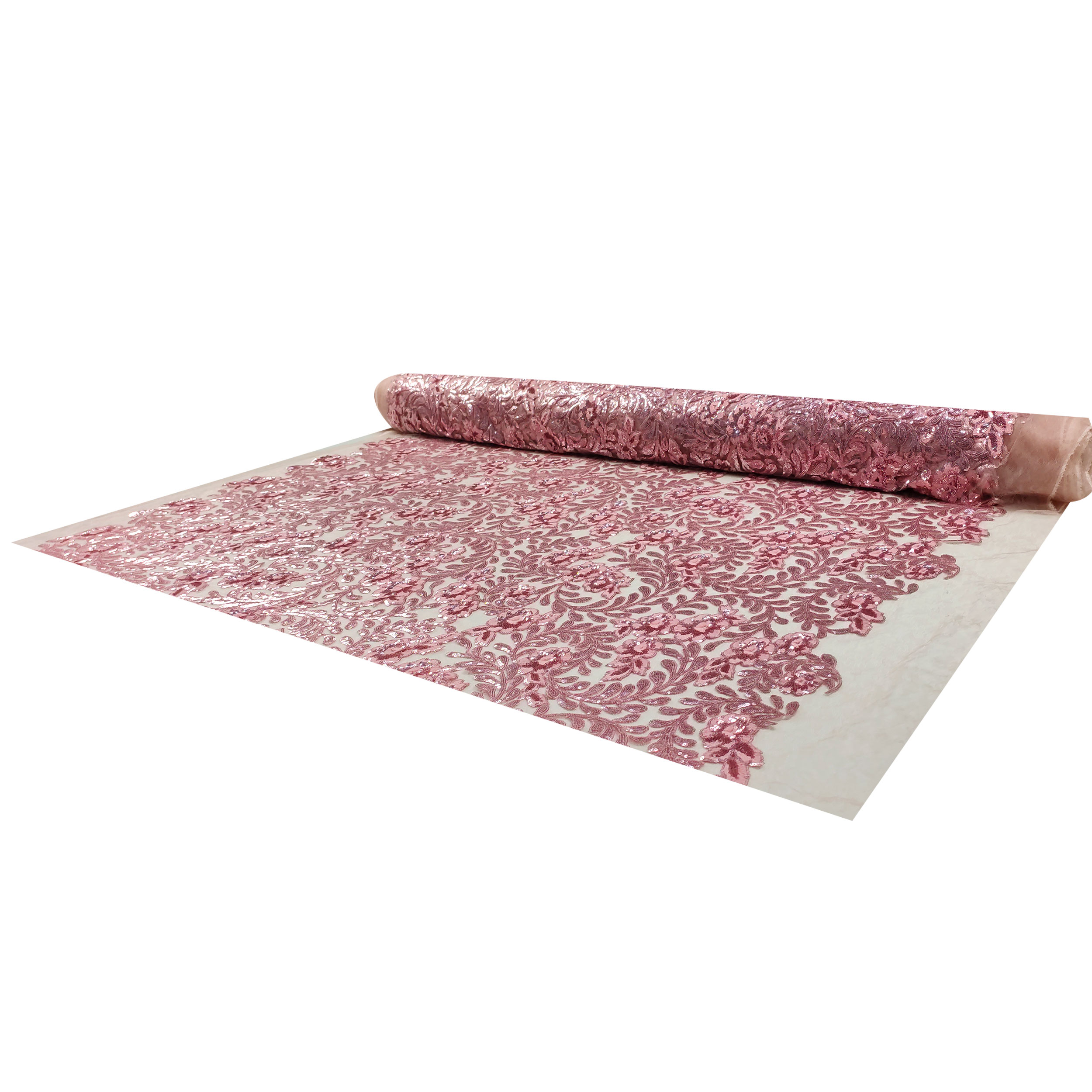 Tulle Ricamato Fiori con Paillettes Rosa