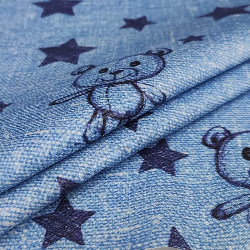 Tessuto Rasatello Tipo Jeans Cotone Orsetti e Stelle