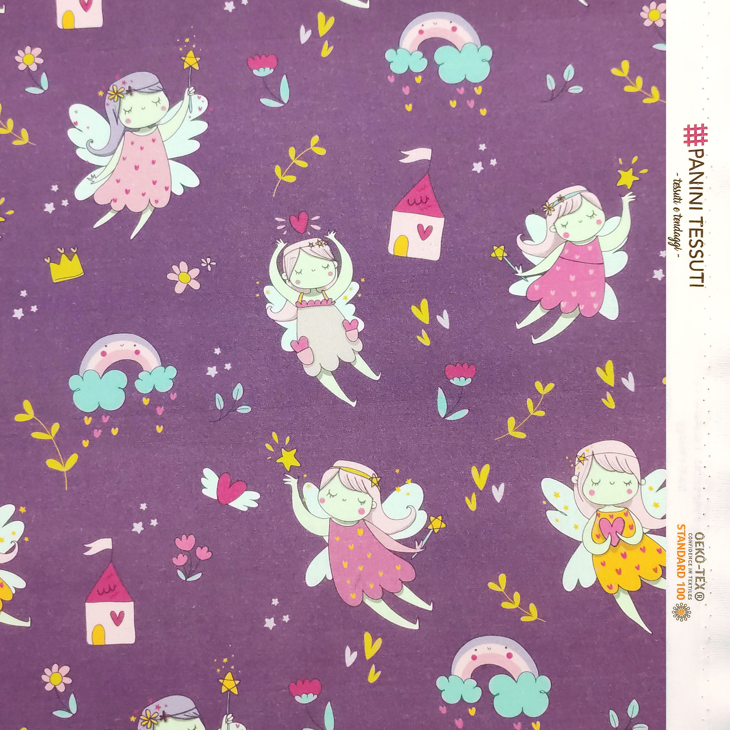 Ritaglio Cotone Fatine Grandi Sfondo Lilla 50x150 cm