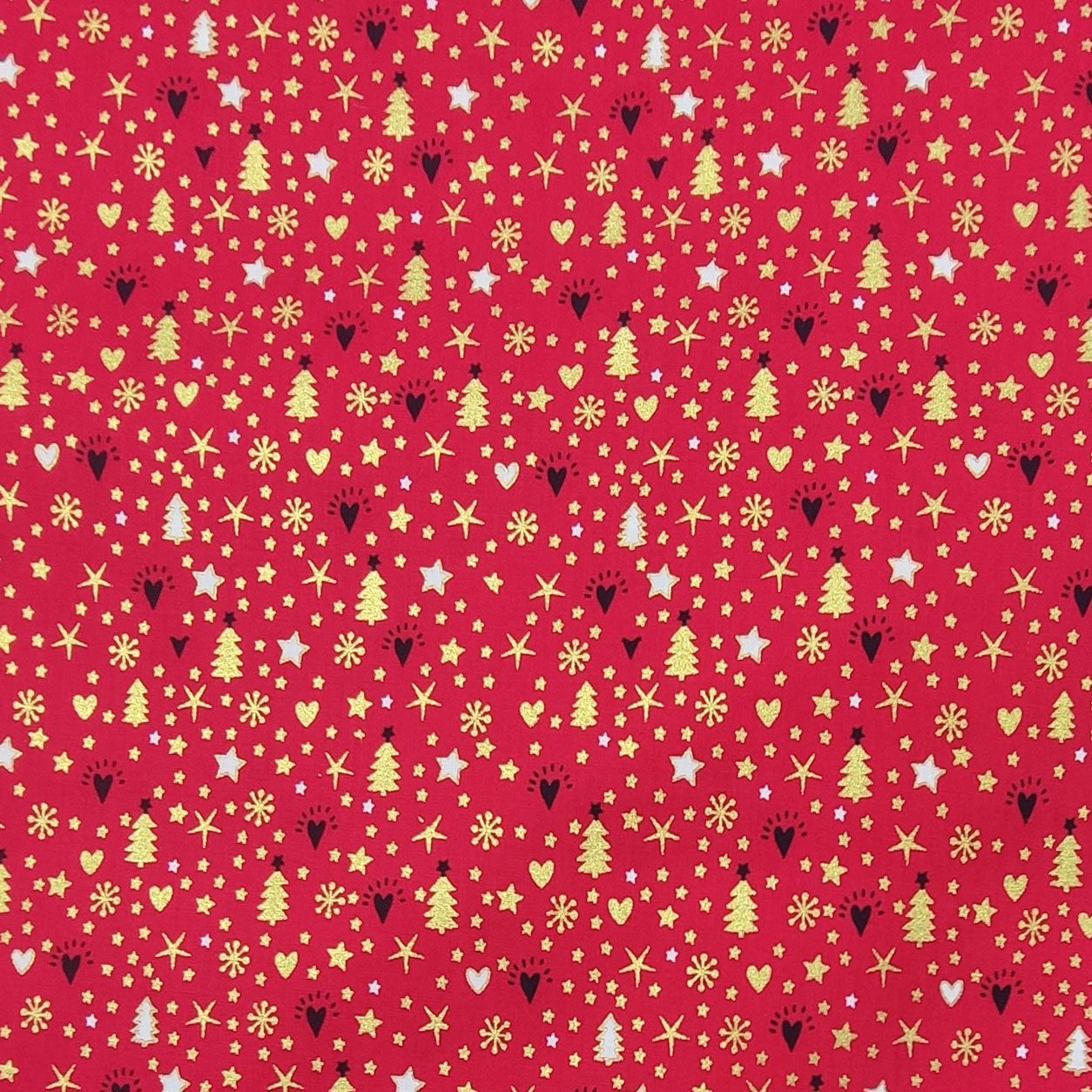 cotone-tessuto-alberi-e-stelline-dorate-sfondo-rosso