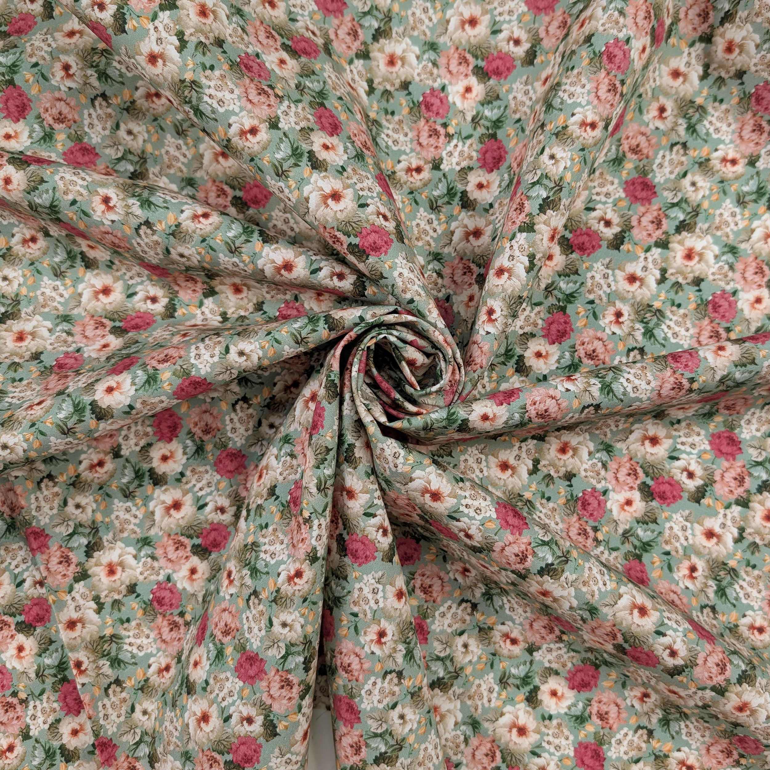 Popeline Cotone Bouquet Romantico Verde Image
