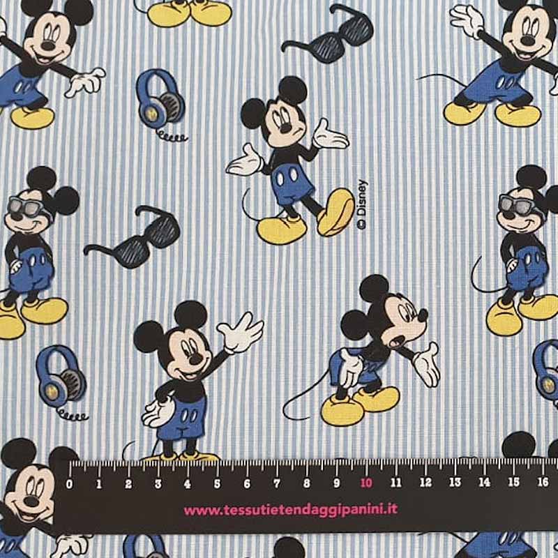 Ritaglio Tessuto Cotone Disney Topolino Righe Azzurro 50x140 cm