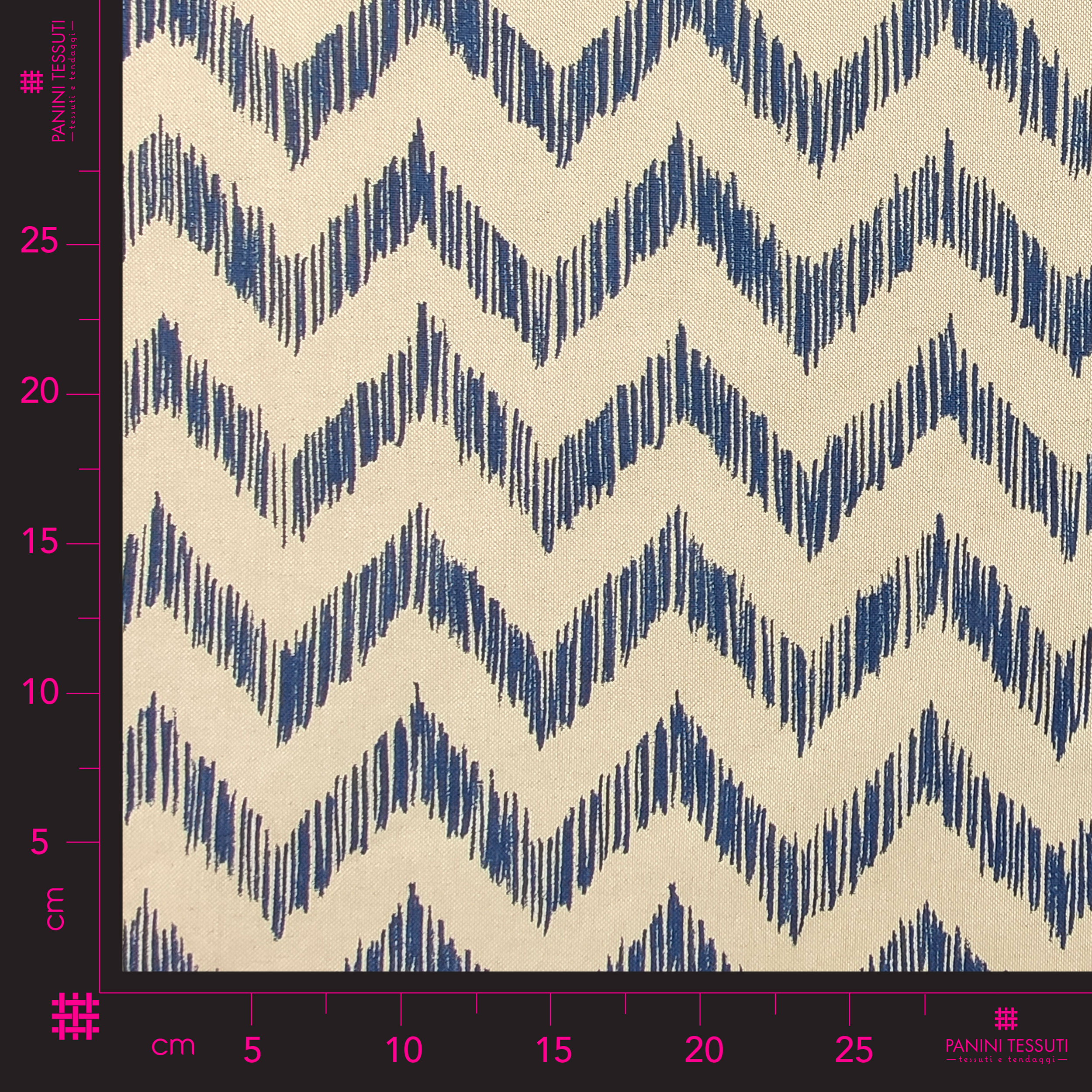 Tessuto Panama Misto Cotone Zig Zag Linee Blu