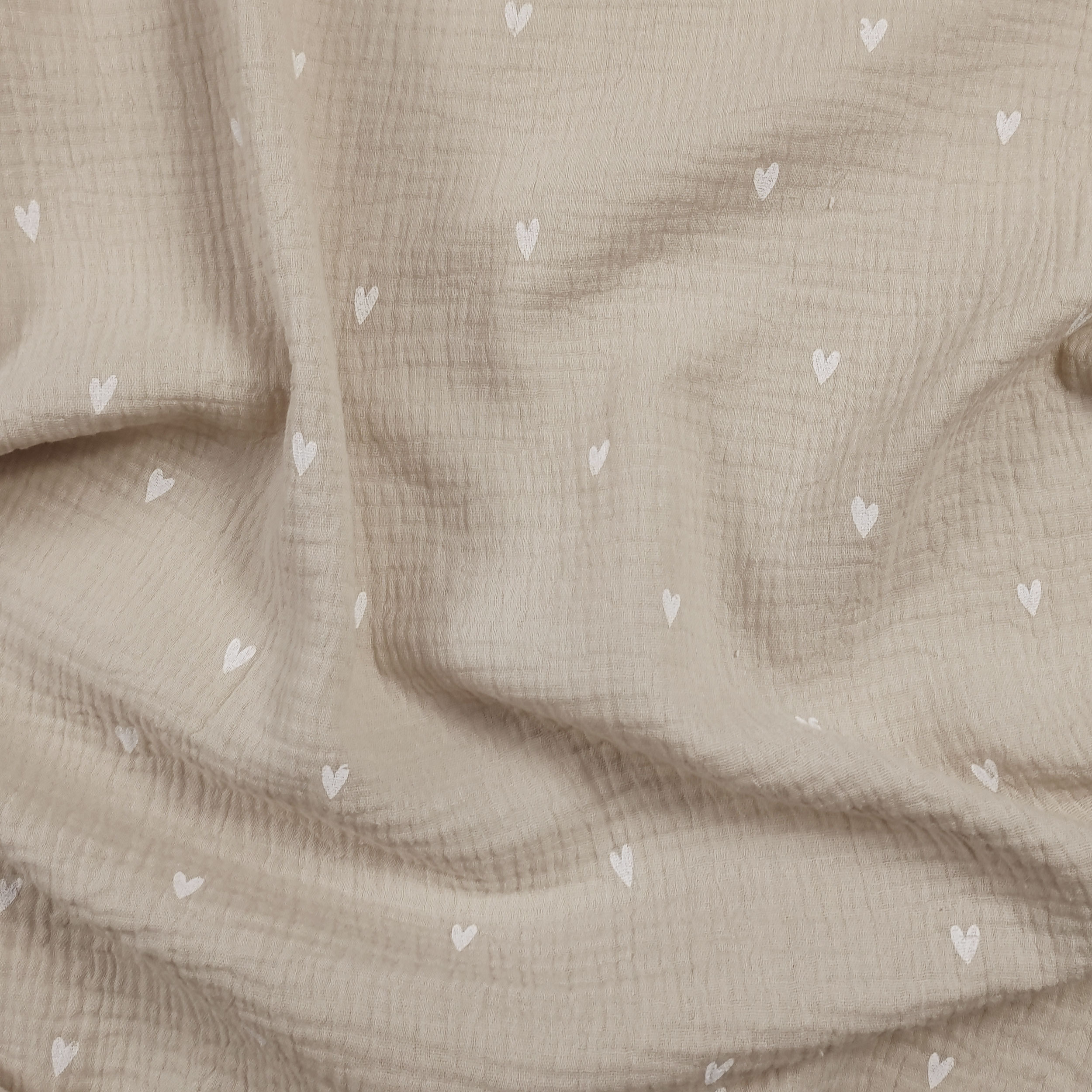 Mussola Cotone Beige Cuoricini Bianchi