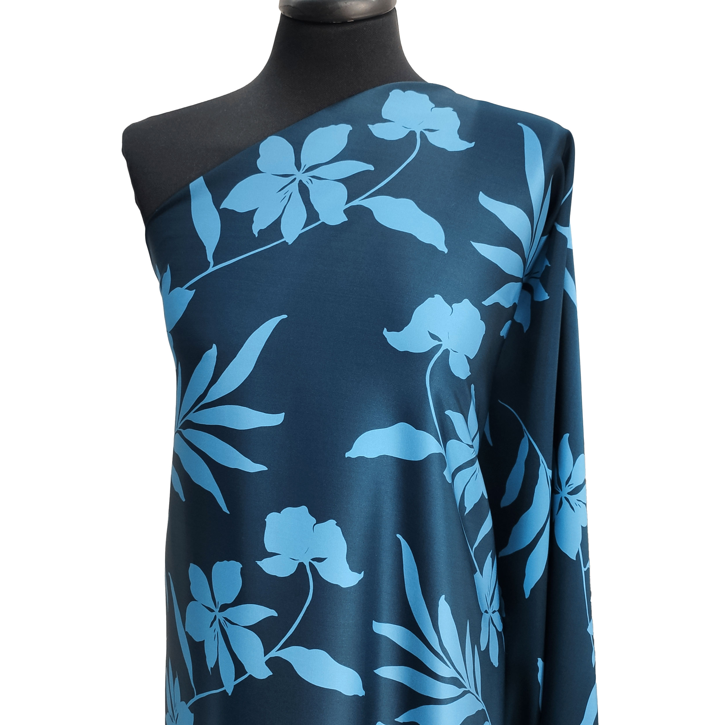 Raso Misto Seta Alta Moda Fiori Azzurri Sfondo Blu